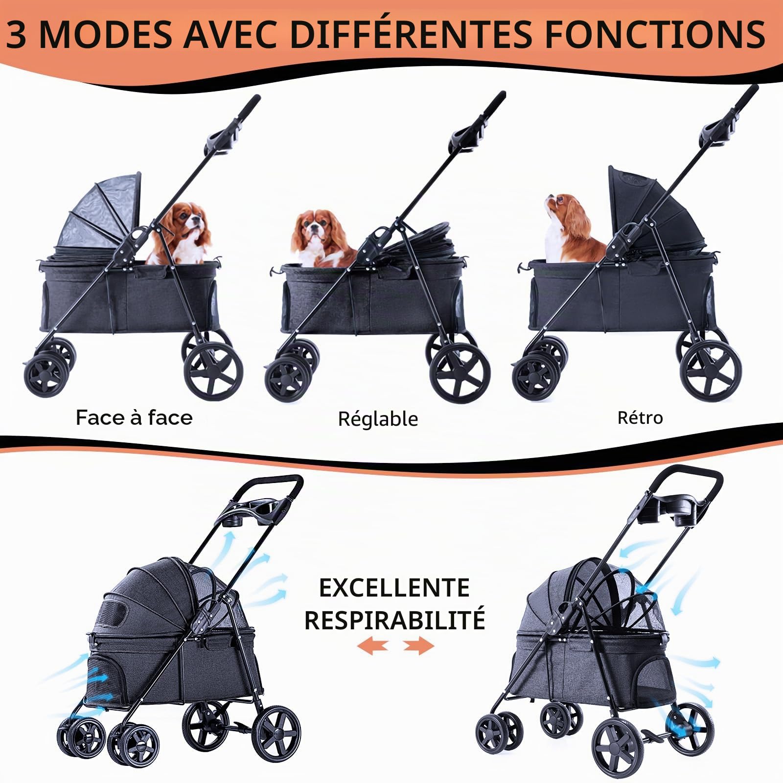 Poussette pour Chien Pliable jusqu'à 15kg - Véhicule Léger Compact pour Transport Sécurité, Promenade Voyage (Noir)