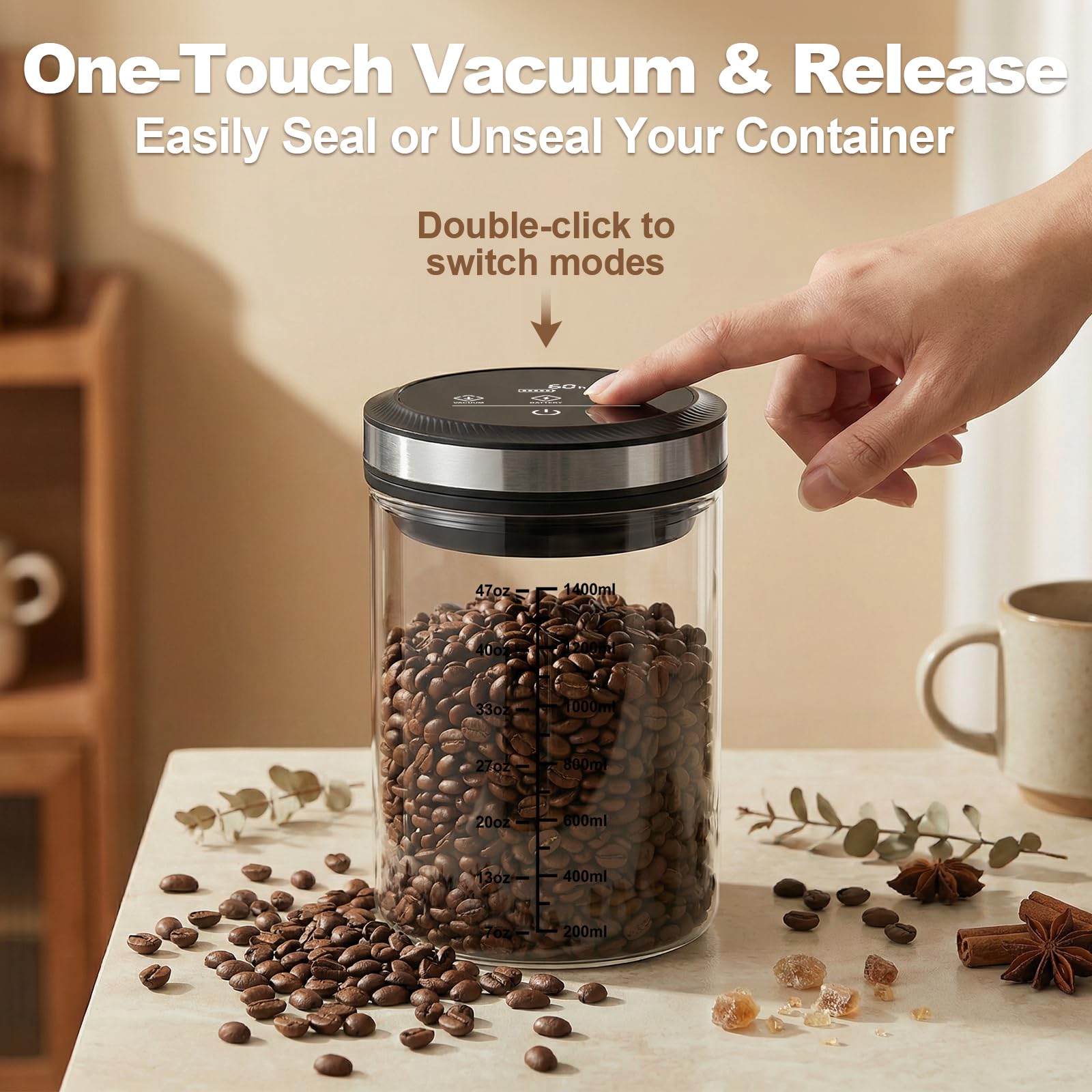 Vakuum-Kaffeedose, 1,6 l, großes Fassungsvermögen, luftdichter Kaffeebehälter mit abgestufter Skala und Vakuumdauer-Anzeige. Mit transparenter Borosilikatglas-Konstruktion
