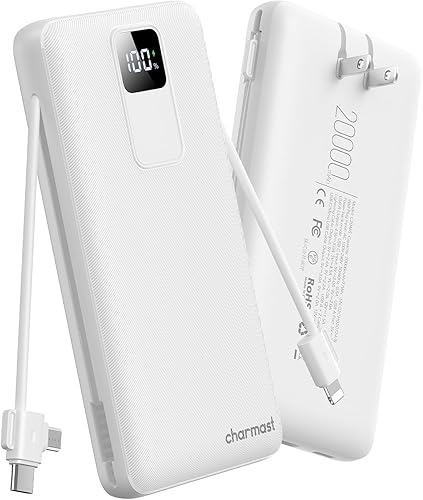 charmast Cargador portátil de 20000 mAh con cables integrados y enchufe de pared, cargador de batería USB C de 20 W, batería de carga rápida,