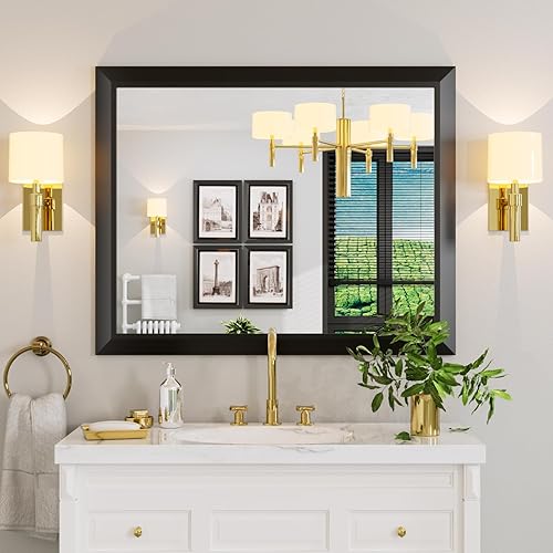 Amorho Espejo de baño negro, 40 x 32 pulgadas con forma de diamante, espejos de pared con marco de metal para sobre fregadero, dormitorio, sala de