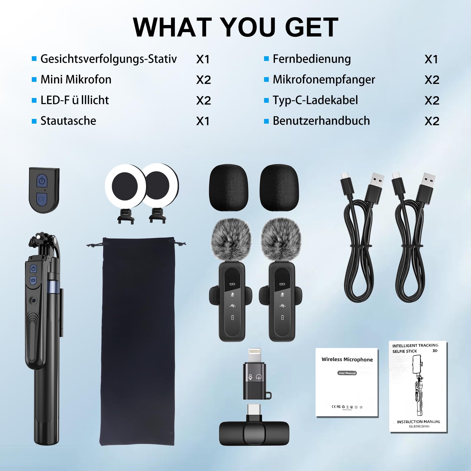 Creator di Contenuti per YouTube - Kit di Vlogging per iPhone/Android, Treppiede di Seguimento Facciale Automatico da 178 cm per iPhone con Luci e Microfoni Wireless, Kit di Avvio per TikTok/YouTube