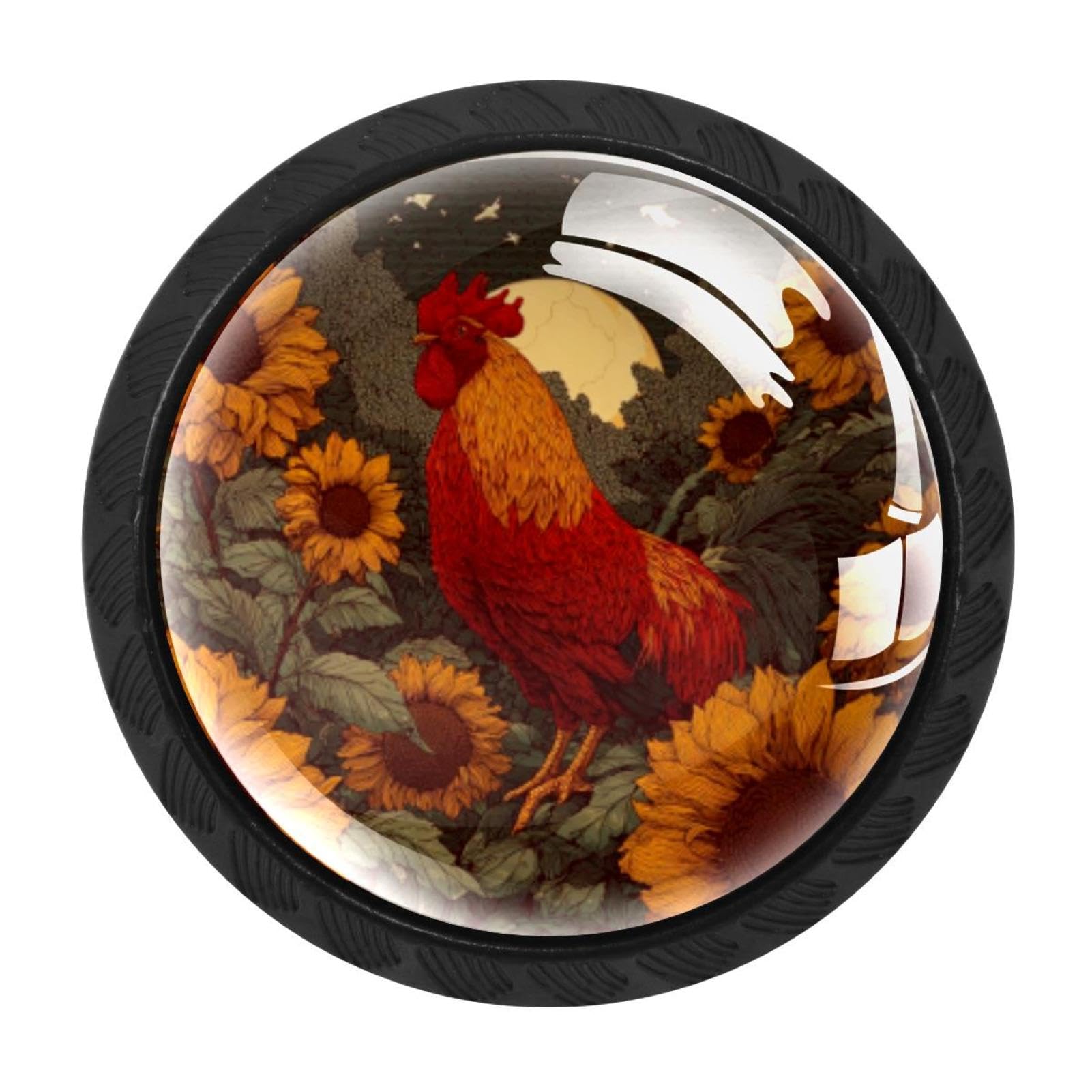 CHENZZZZ Rooster Sunflowers (2) Drawer Knobs 4 Pack Crystal Dresser Knobs 35mm Glass Cabinet Knobs for Home Office Bathroom