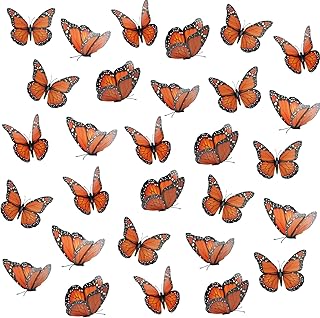 Monarch Butterfly Decorations, 50 Pcs Orange Artificial Magnetic Butterflies Realistic Butterflies Picks for Bouquets, Crafts, Home Decor, Floral Arrangements, Parties (50, Orange)