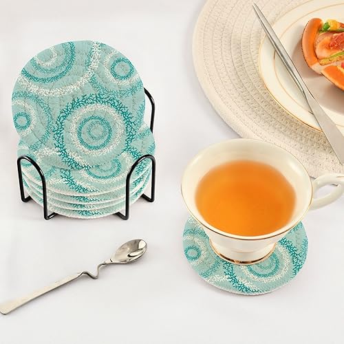 Miniatura 5 de Juego de 6 posavasos absorbentes con círculos de coral turquesa y soporte para mesa para bebidas Porta Vasos para Mesas