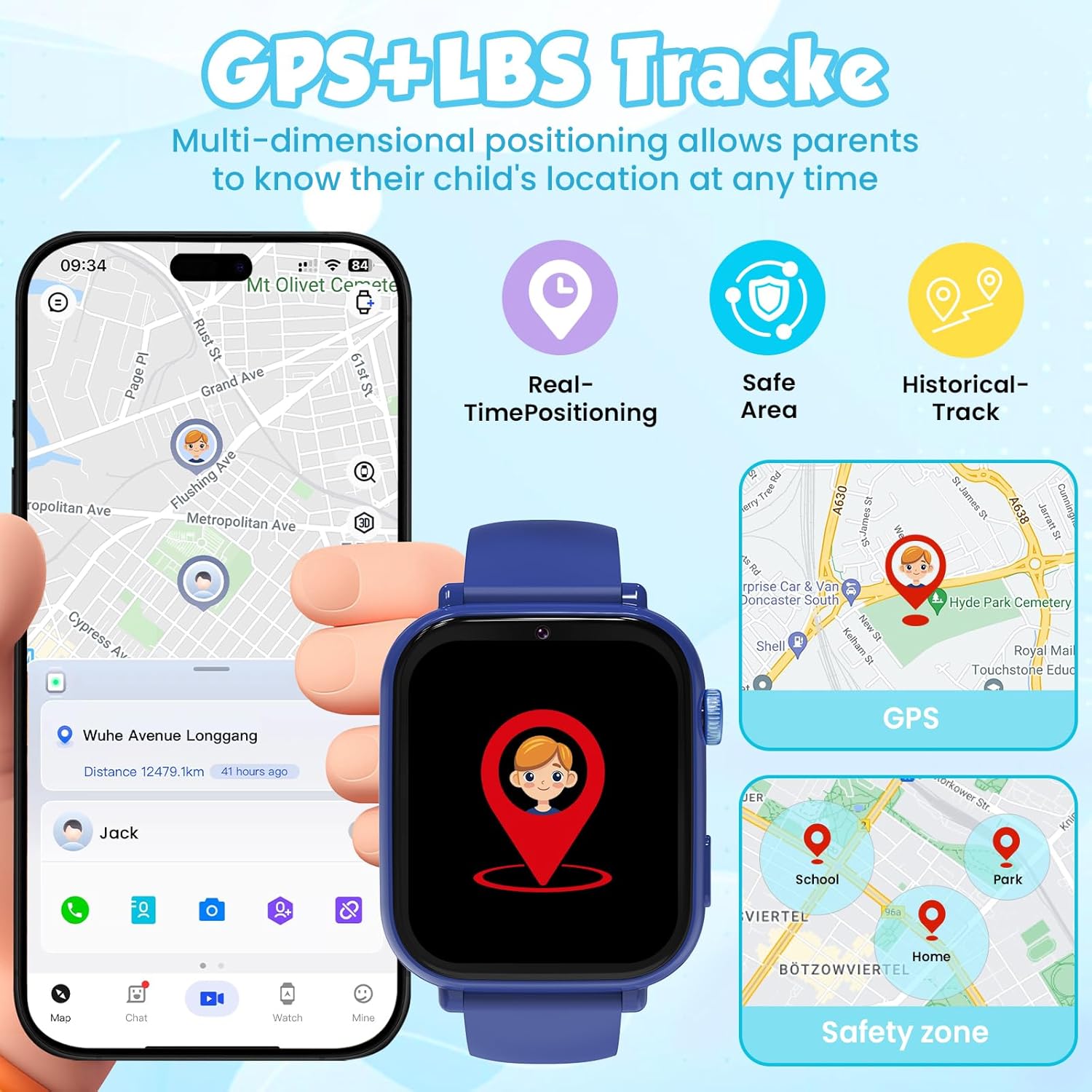 MOKAST 4G Kids Smart Watch for Boys Girls, Kid Watch Phone Ages 4-12 with Call, GPS, SOS, Video Call, Games, Camera, Alarm, Touchscreen Smartwatch for Children Birthday Gift (Includes SIM Card), Blue