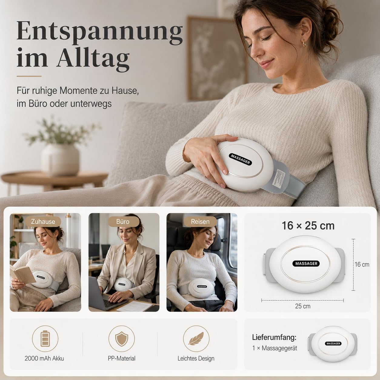 Elektrisches Kabellos Bauchmassagegerät mit Wärmefunktion | Massagegürtel mit Wärmefunktion für lindert Blähungen und Perioden Krämpfe, geeignet für den Einsatz zu Hause und im Büro
