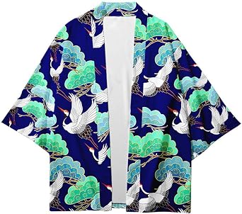 AMOMA Men Japanese Kimono Lightweight Loose Breathable Casual Cardigan Coat Top Yukata JacketXXS,CraneBlueGreen
