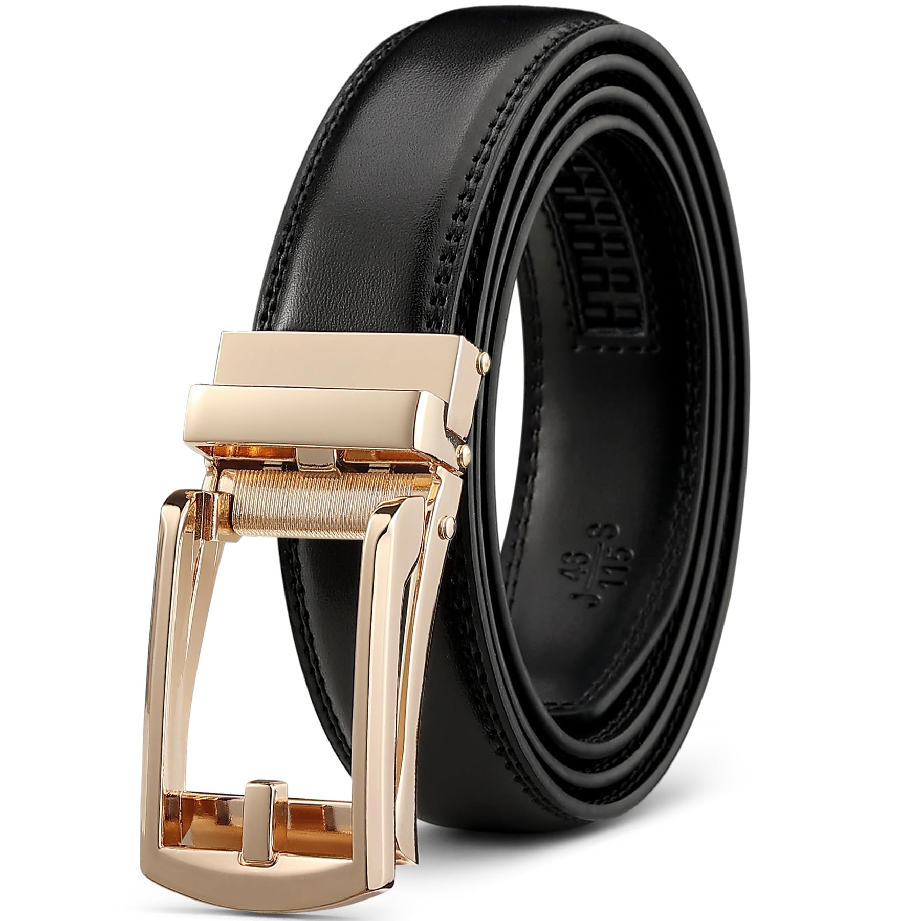 Founders & C Mens Ratchet Belt Leather Click 1 1/4" with Slide Buckle, Casual Dress Belt Adjustable, Gold/Black, 32 - 38W