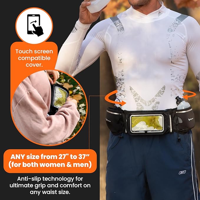 Athlete wearing RunTasty Running Hydration Belt with touchscreen-compatible phone holder, adjustable waist fit from 27 to 37 inches for men and women, anti-slip grip, and side water bottle pouches for no-bounce comfort during runs.