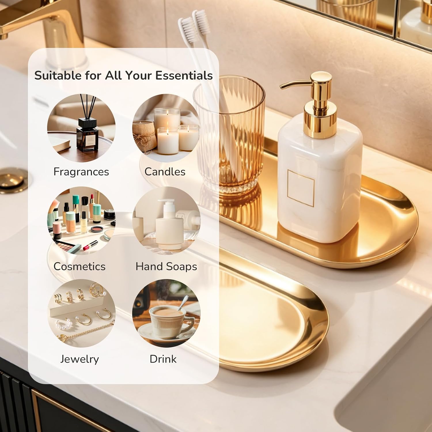 2 Pack Stainless Steel Decorative Tray, 9 Inch Oval Vanity Tray for Jewelry, Small Storage Plate for Cosmetics Organizer Bathroom Key Candle (Gold)