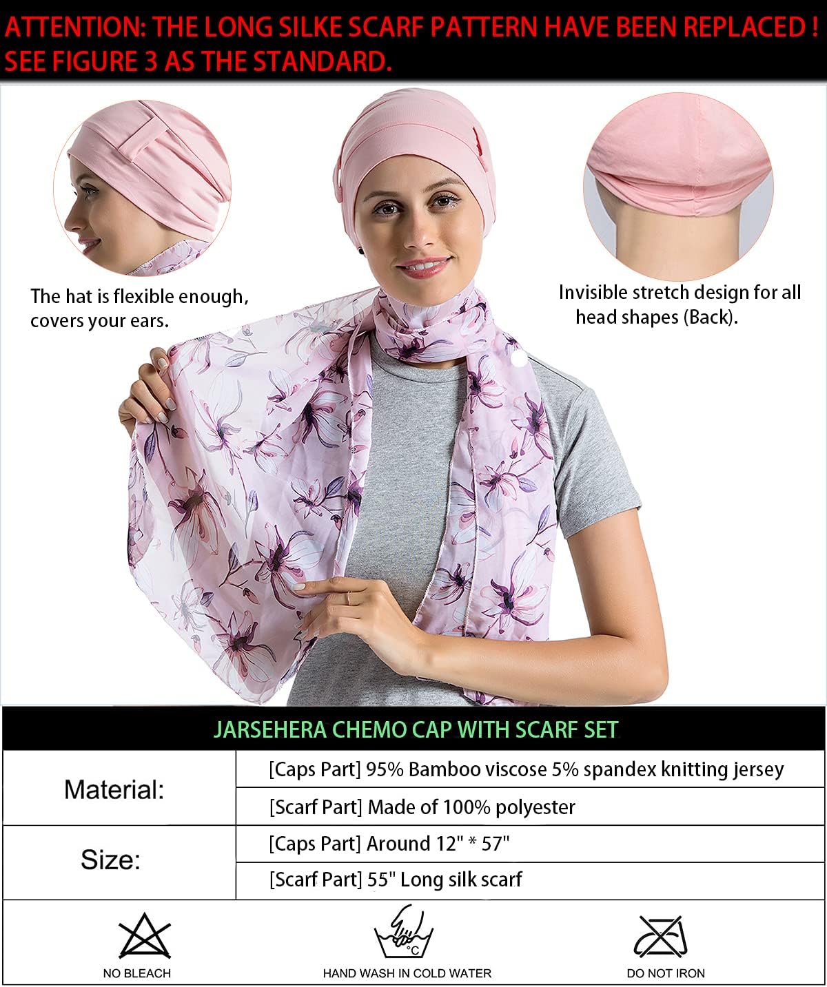 JarseHera Bamboo Cotton Liner Chemo Headwear for Women with Silky Scarfs for Cancer Hair Loss Sleep Caps Beanie - Image 2