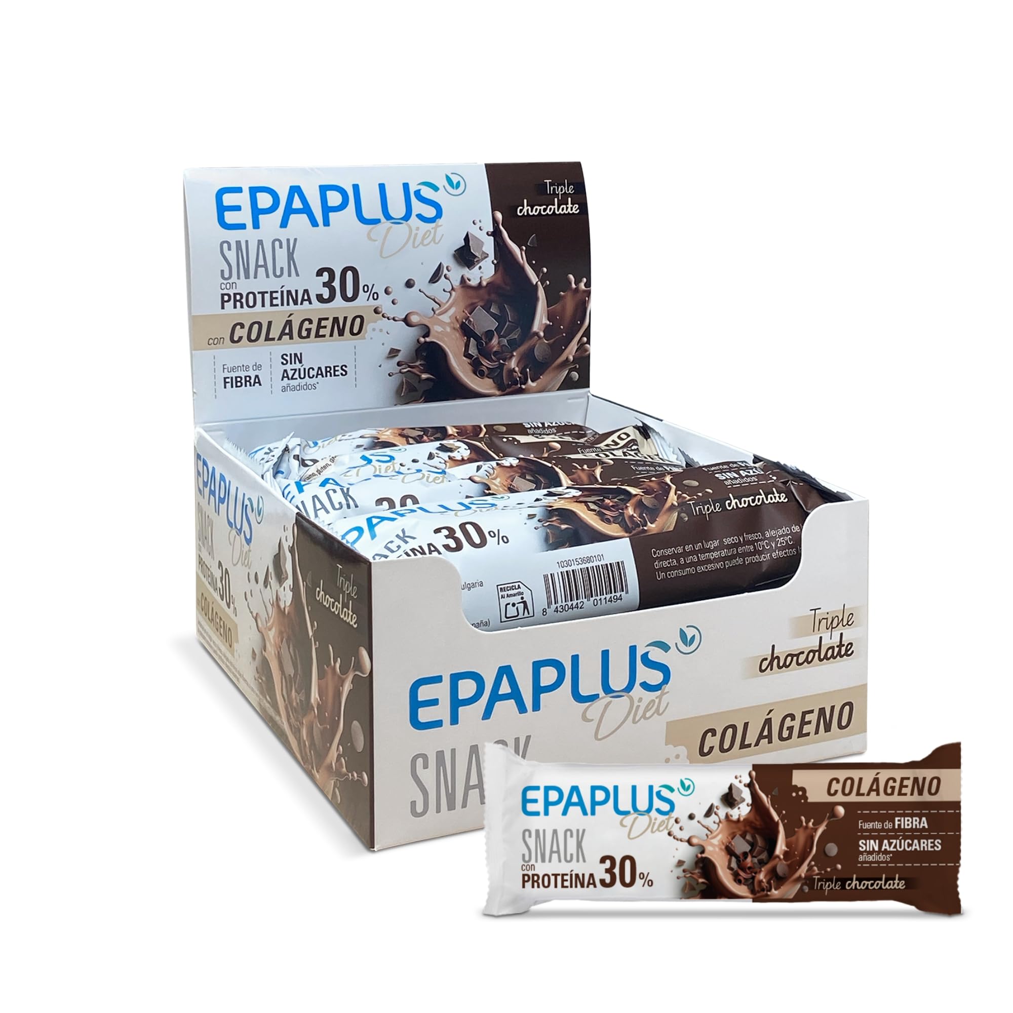 EPAPLUS Diet | Barritas Proteína con Colágeno | 30% Proteínas y 6g Colágeno por Barrita 50g | Sin Azúcares Añadidos | Fuente de Fibra | Triple chocolate | Pack 12 Unidades