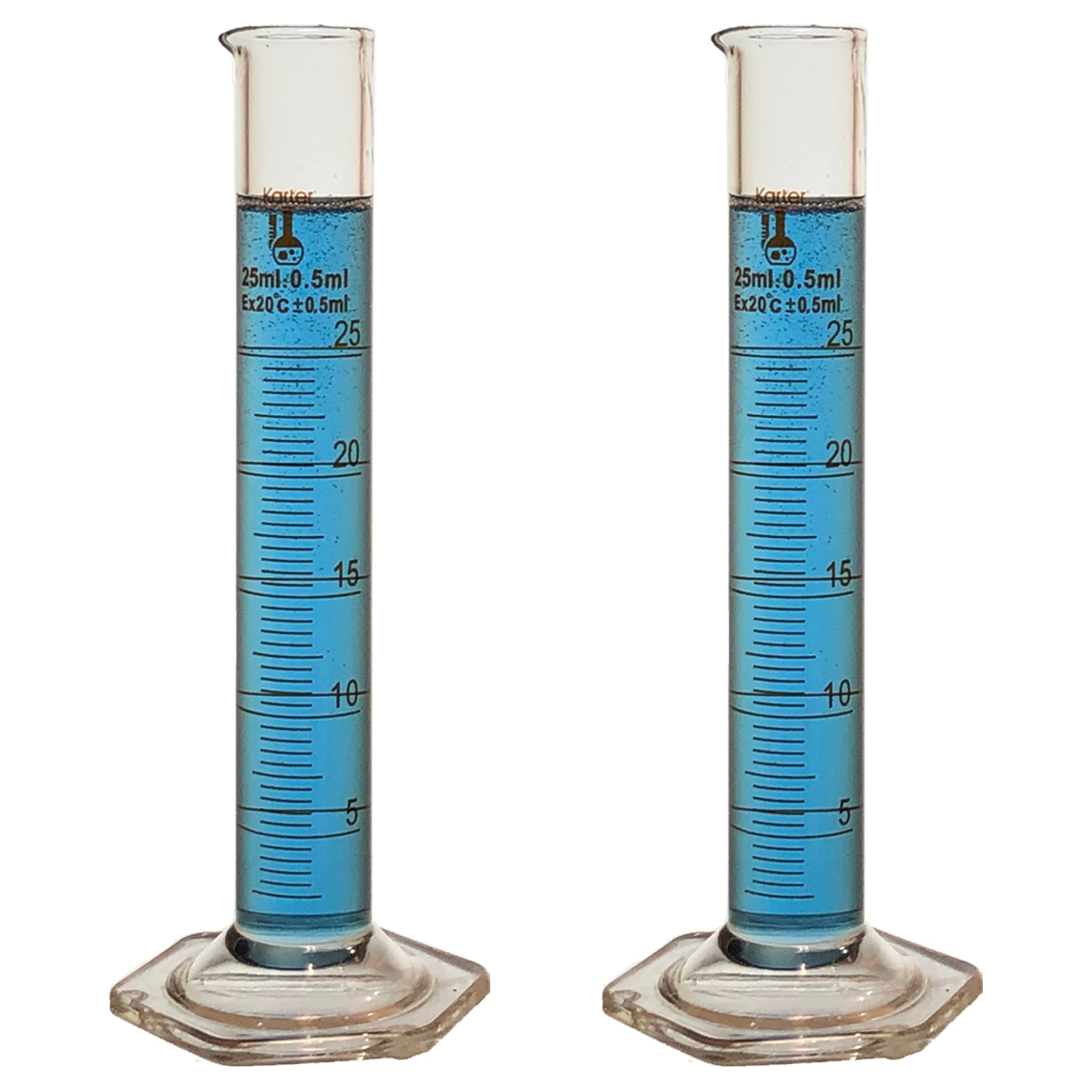 25ml Graduated Cylinder, Borosilicate 3.3 Glass, Single Metric Scale, Class B, Karter Scientific 246G7 (Pack of 2)