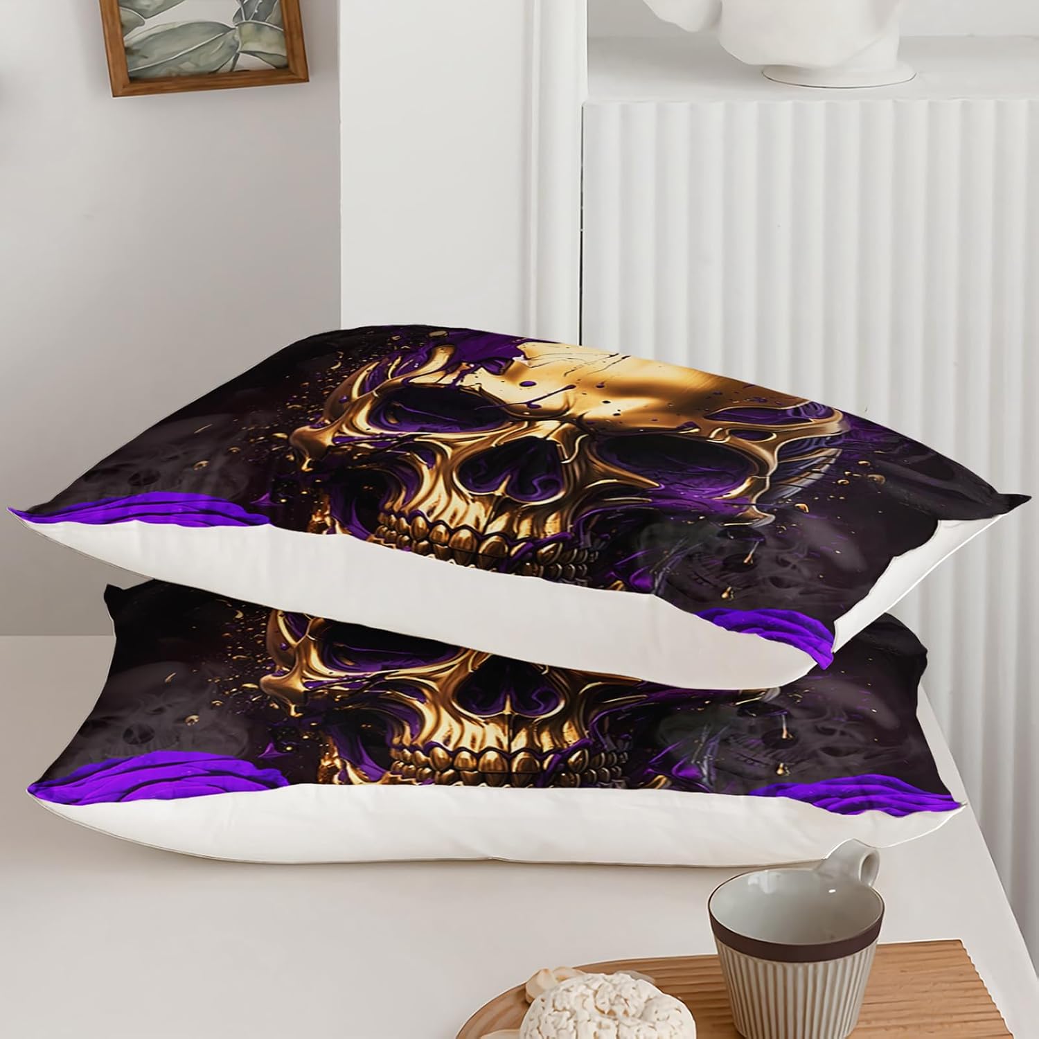 AILONEN Gold Skull Duvet Cover King Size, Halloween Sheet Purple Rose Skull Bedding Set for Girls Boys,Skeleton Bones Boho Style Comforter Cover Set,1 Quilt Cover 2 Pillowcases,3-Piece-Set