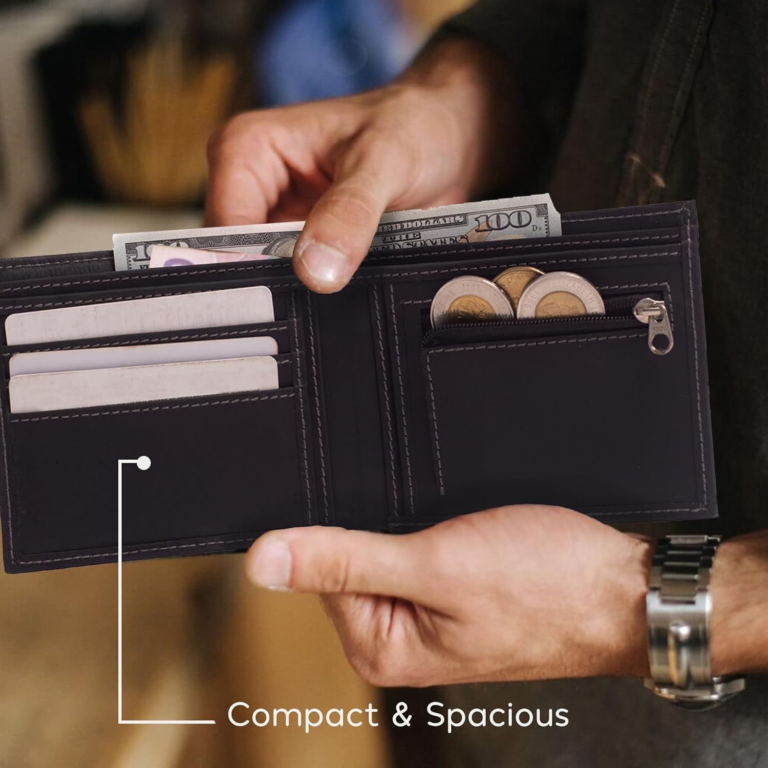 Premium Leather Wallet for Men with RFID Blocking | Handcrafted Bifold Wallet for Men with Coin Pocket Snap Closure - Spacious Mens Wallet with ID Window and Card Slots (Black) - Image 7