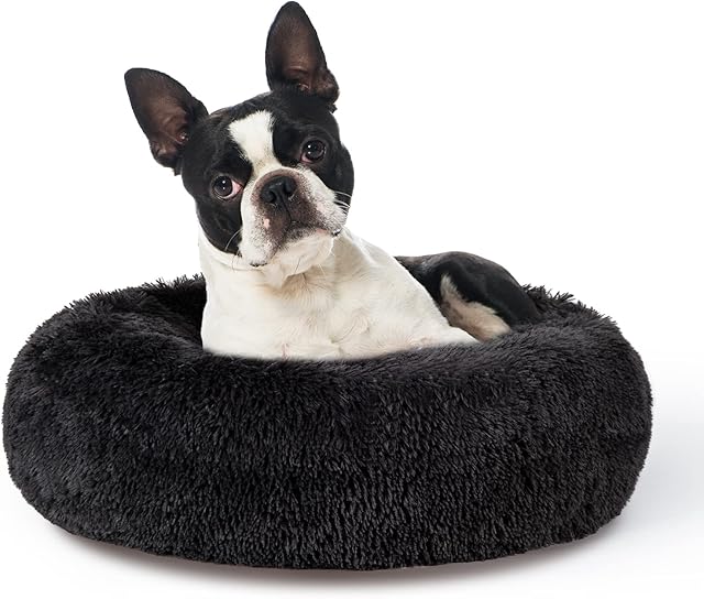MICOOYO Donut Dog Bed Large - Calming Dog Bed for Puppy, Doughnut Pet Bed with Non-Slip Bottom (Large, 28"×28"×9.8", Charcoal)