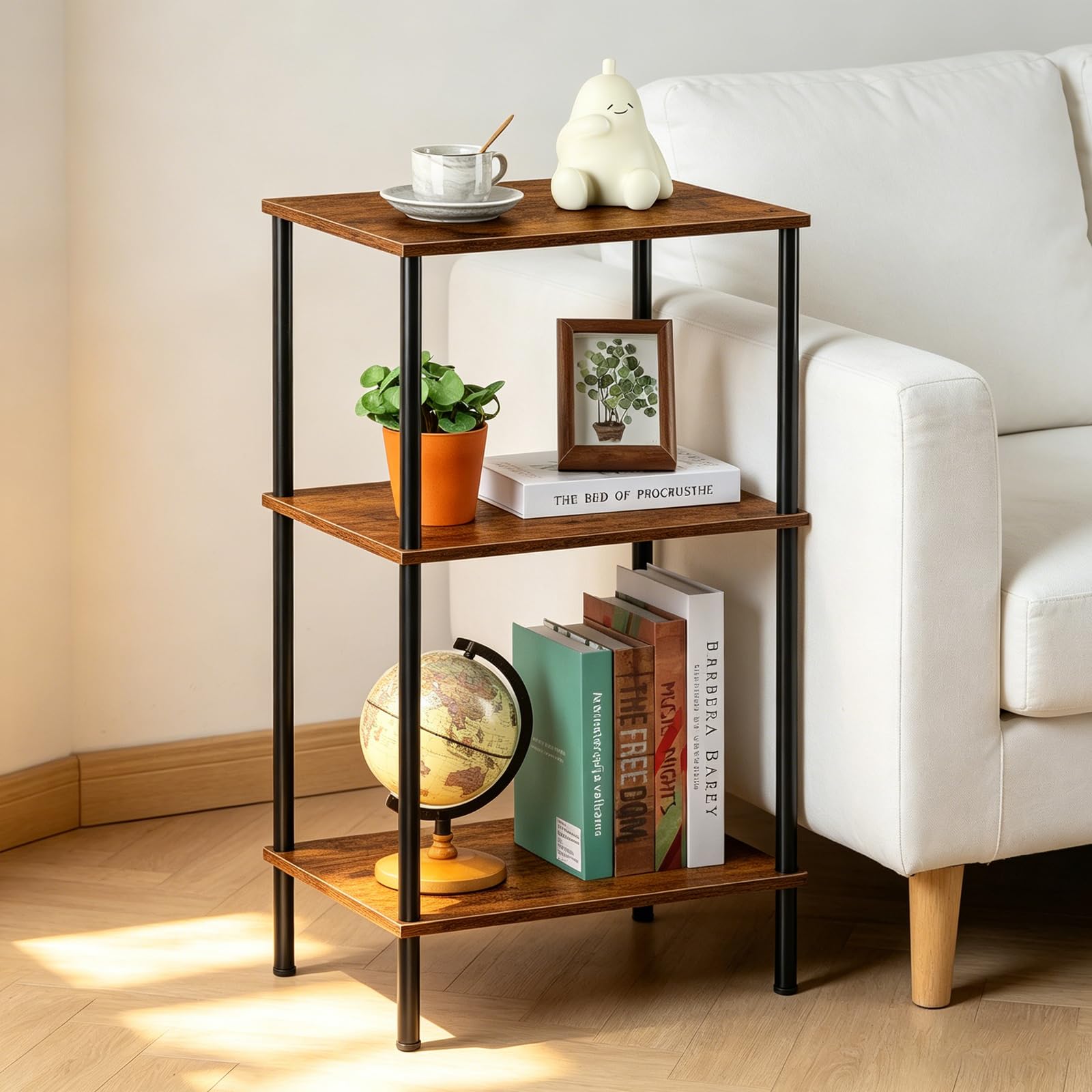 Mesa de Centro Alta con 3 Niveles y Gran Capacidad de Almacenamiento - para Salón y Espacios Pequeños (76 cm) - Estantería Multiusos de Salón/Dormitorio en Estilo Industrial de Madera y Metal