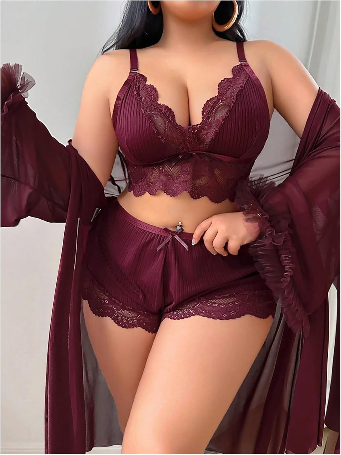 OYOANGLE Women's Plus Size Lingerie Set Lace Ribbed Bra and Panty with Long Sleeve Sheer Kimono Robe Sets