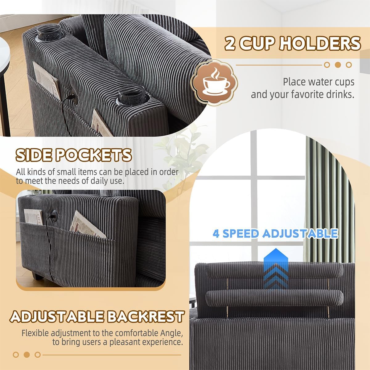 SLEERWAY 91.34" Oversized Sleeper Loveseat Sofa Bed, Modern Corduroy Sleeper Sofa Couch with USB Ports & Cup Holder, Comfy Upholstered Loveseat Sleeper for Living Room, Bedroom, Office, Gray