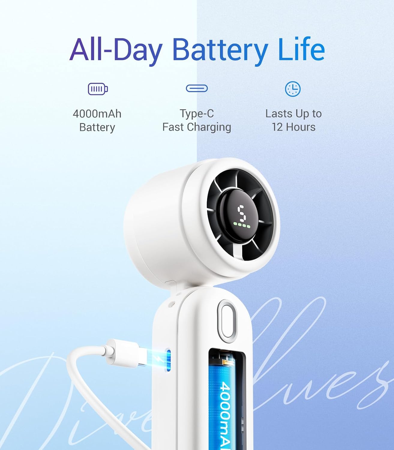 Diveblues iTurbo fan connected to a USB-C charger, illustrating battery life and charging