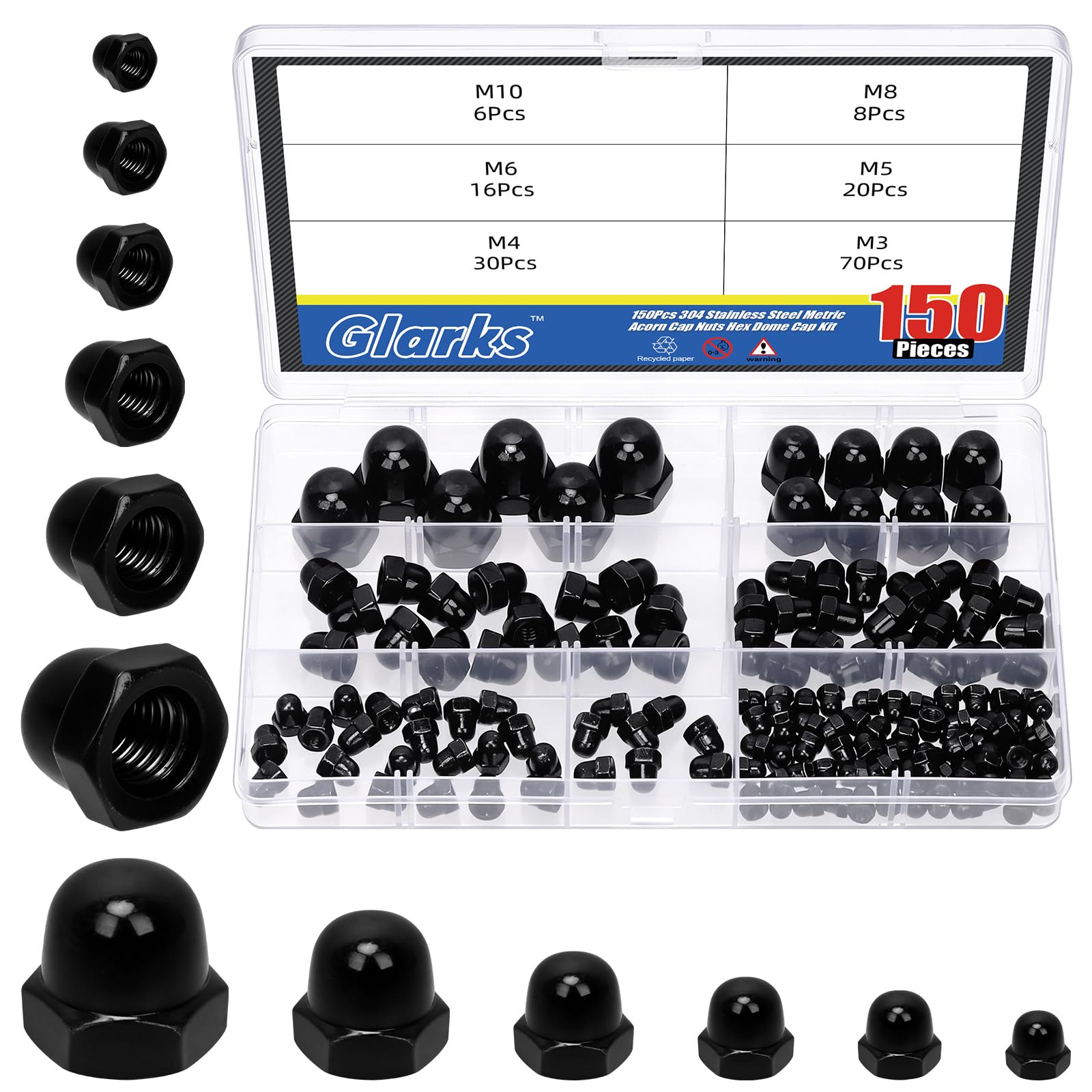 Glarks 150pcs M3/M4/M5/M6/M8/M10 Black Stainless Steel Acorn Cap Nuts Kit, Hex Dome Nuts, Acorn Hex Cap Dome Head Nut, Domed Crown Nut for Protecting Bolts, Furniture, Automotive, Electronic Equipment