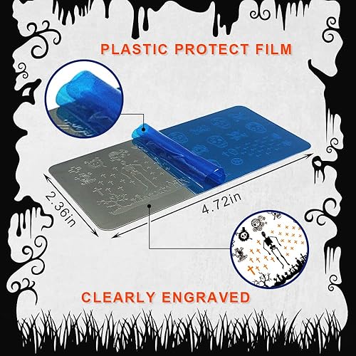 Miniatura 2 de Juego de 4 placas de estampado de uñas de Halloween, plantillas de sellos de arte de uñas de calavera cruzada, kit de plantillas de sellos de