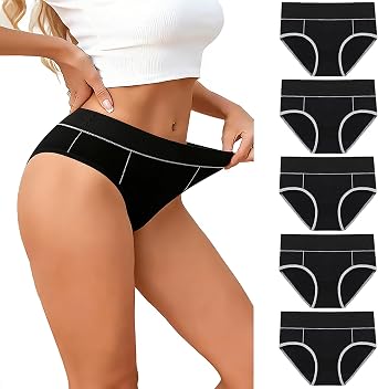 Womens Contrast Trim Cotton Underwear, Plus Size High Waist Briefs, 5 Pack