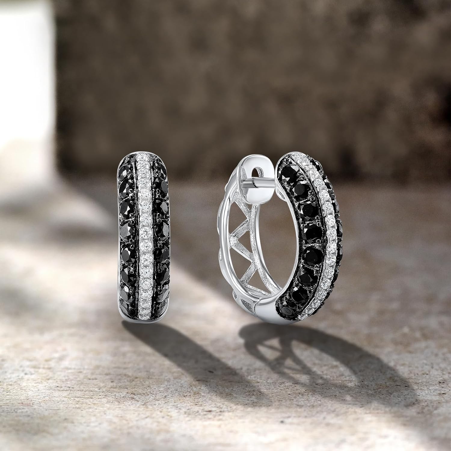 Santuzza 925 Sterling Silver Black & White Openwork Hoop Earrings Black Spinel Cubic Zirconia Huggie Earrings for Women