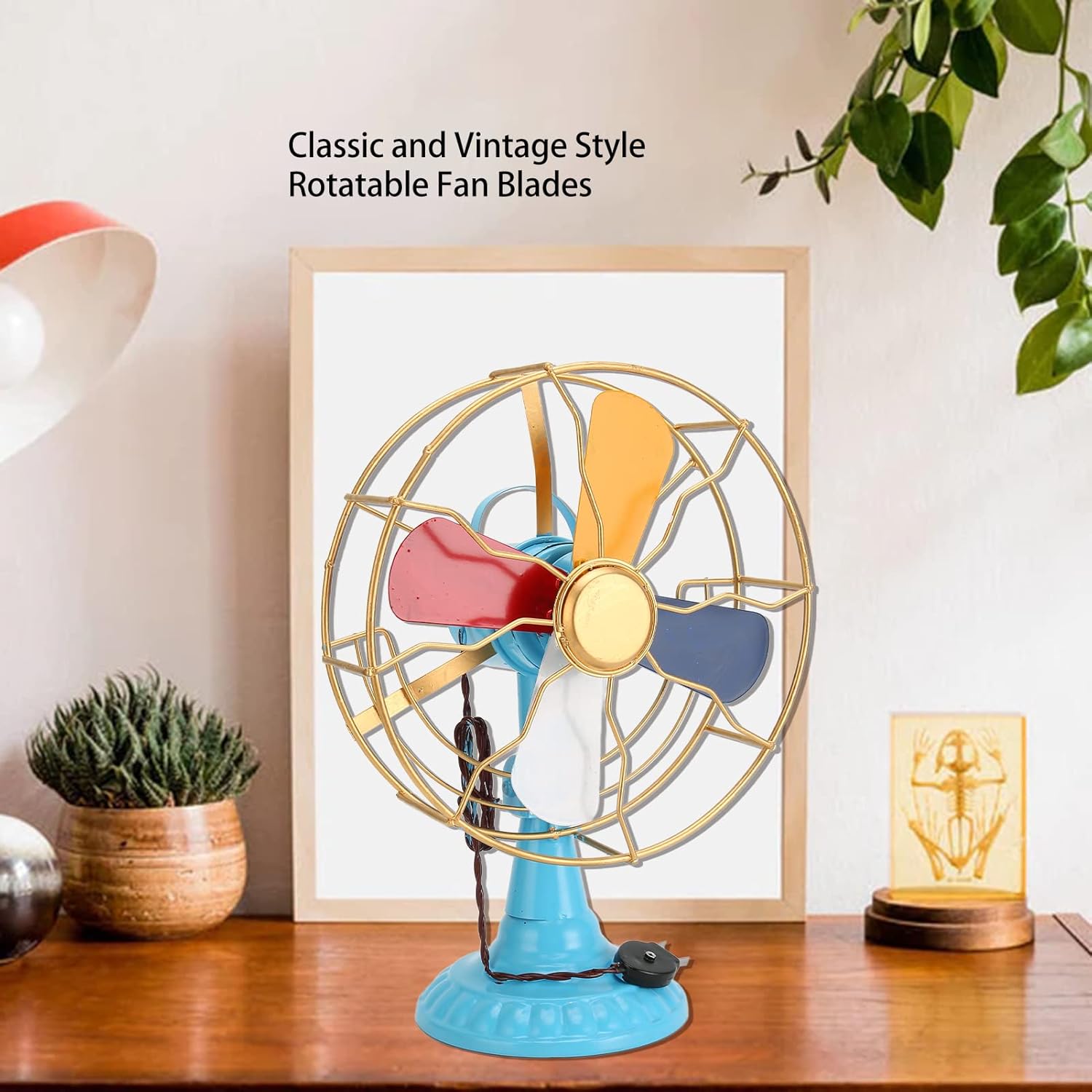 Vintage Table Fan, Classic Retro Style Metal Desk Fan with Rotatable Blades and Vibrant Colors, for Home Office Garden Patio Decor