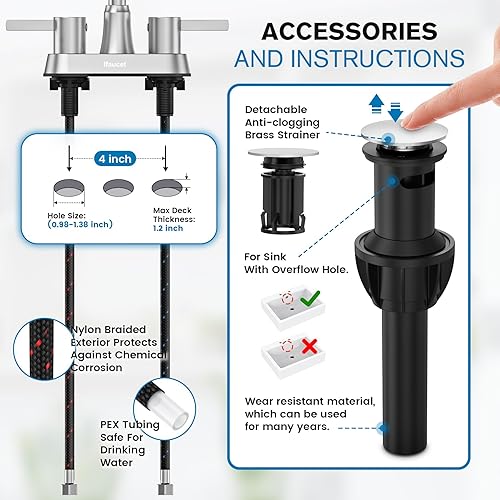 Miniatura 10 de Grifos de baño, grifo de baño de 3 agujeros, grifo para fregadero de baño, 4 pulgadas, 2 manijas centrales, sin plomo, con drenaje desplegable de