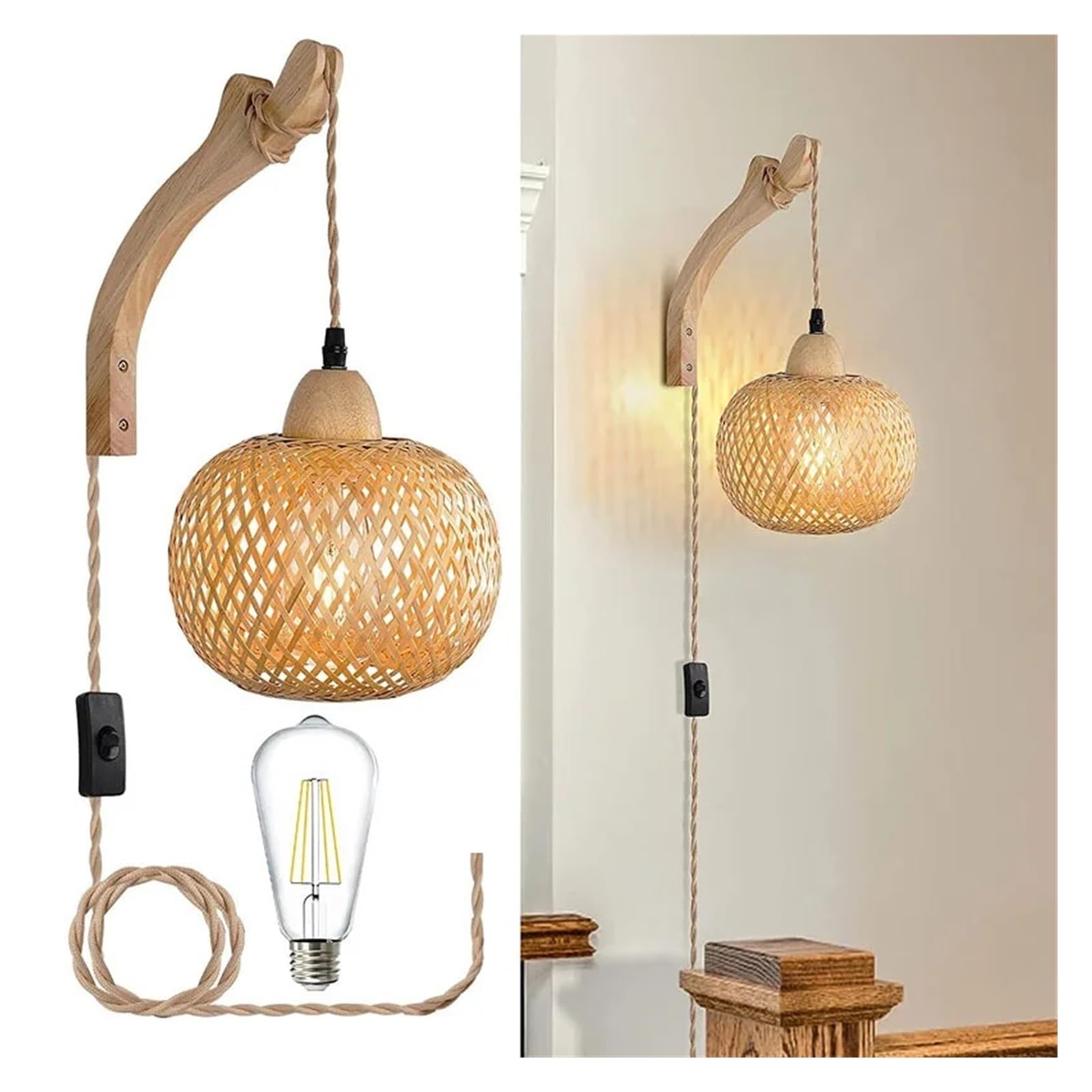Lampada Da Parete A Lanterna In Bambù, Lampadari In Vimini E Rattan Naturale, E27, Paralumi In Intrecciato A Mano, Lampade Regolazione Flessibile(Wood - No light -A)