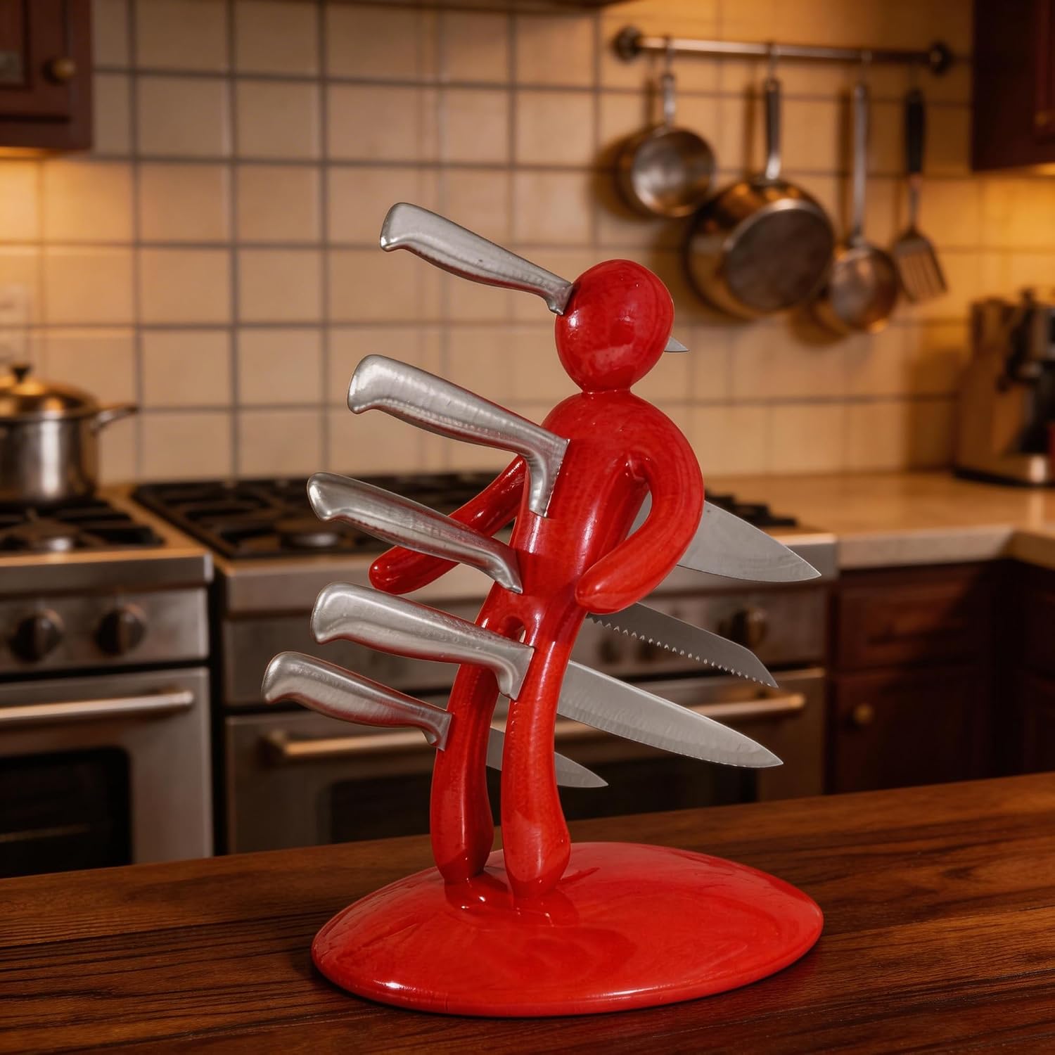 Human-Shaped Knife Holder - Stainless Steel Knife Block with Unique Human Figure Design, Holds 5 Kitchen Knives (Red)