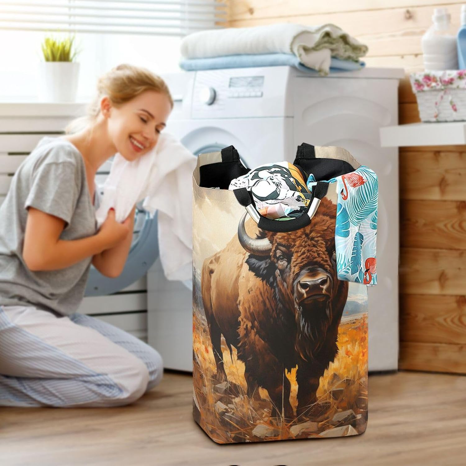 AIXIWAWA Laundry Basket Hamper Bison Oil Art Print Collapsible Clothes Holder Dorm Home Laundry Bag with Handles 1 Pack