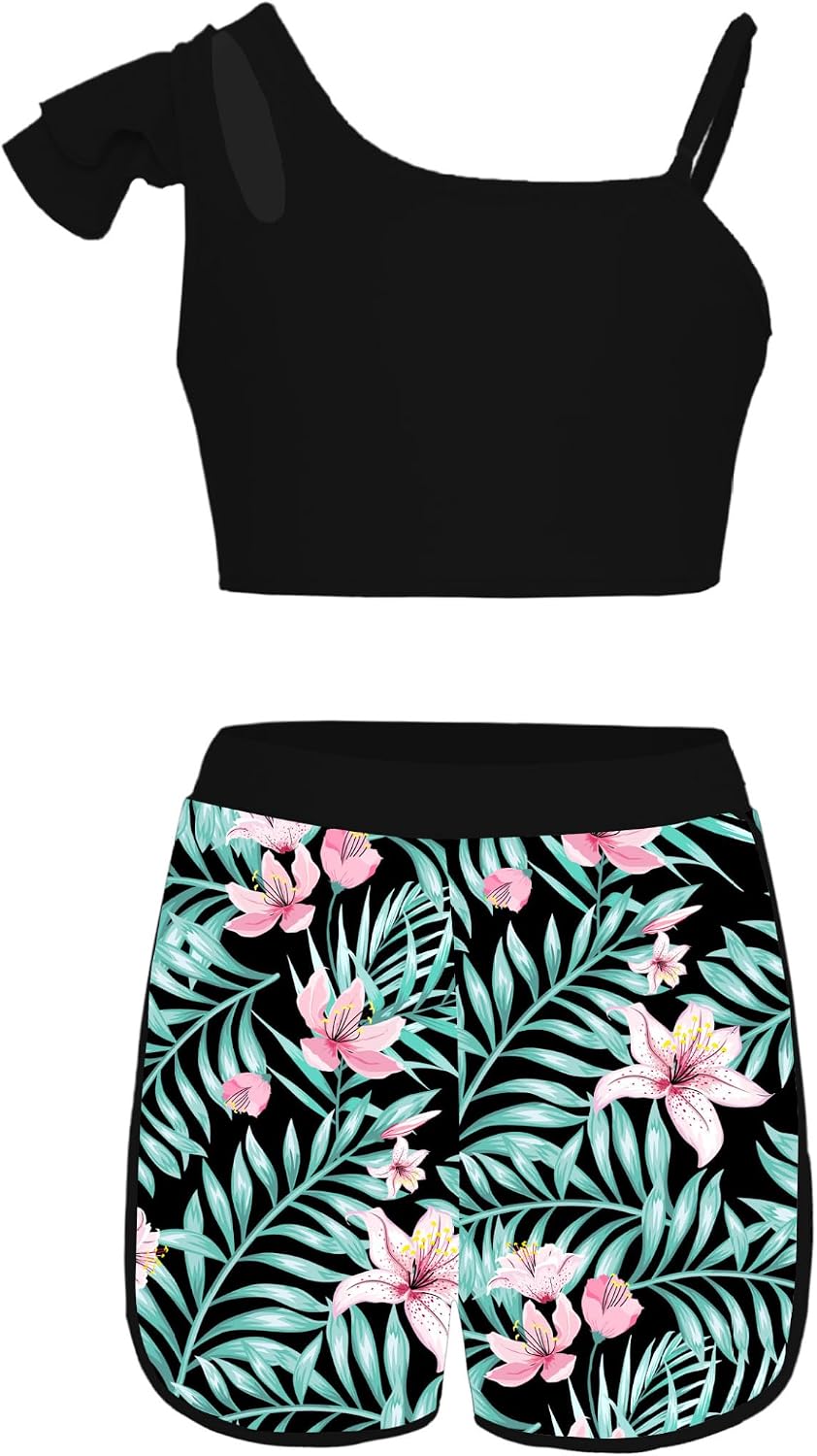 Kids Girls 3Pcs Long Sleeve Swim Coat with Tank Top and Shorts Swimsuit Coconut Trees Print Bathing Suit