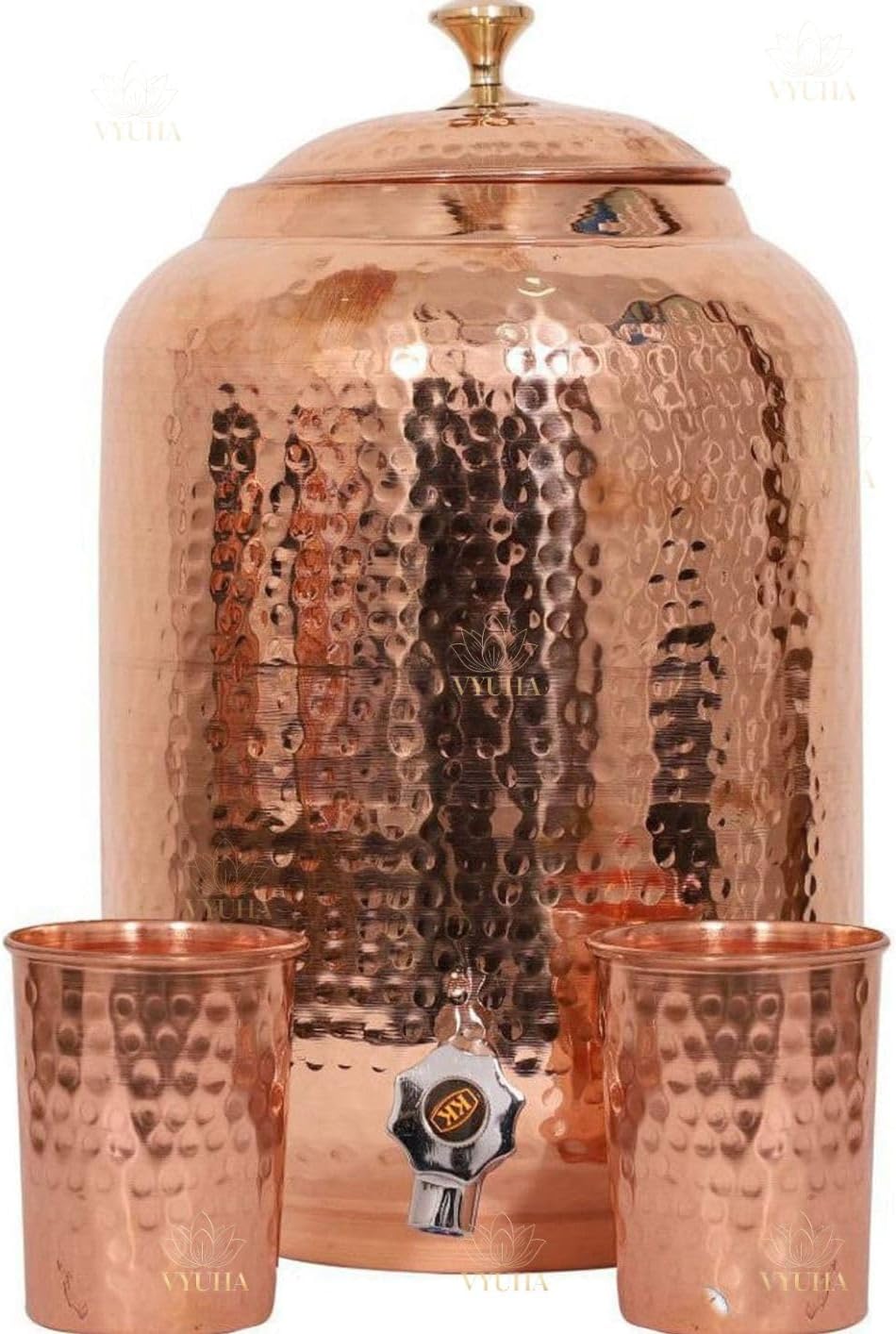 Indian Handmade Hand Hammered Pure Copper Water Dispenser Pot 12 Liter Ayurveda Healing Water Storage Tank Copper Bottle Mug Pitcher With 2 Hammered Glasses vyuha brand