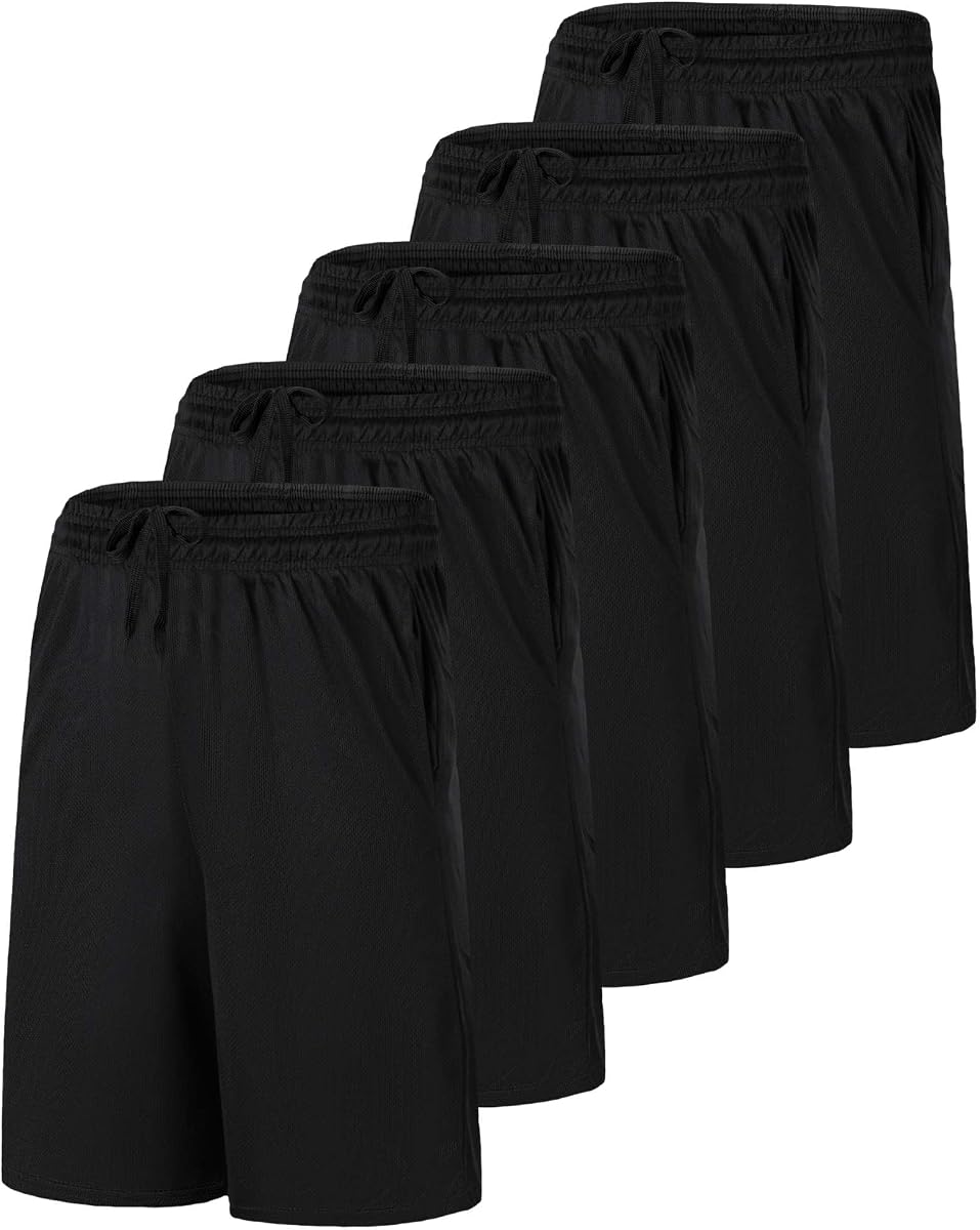 Paquete de 5 pantalones cortos de malla para hombre, 9 pulgadas de largo, atlético, correr, entrenamiento, gimnasio, baloncesto | Cintura elástica con cordón, casual, salón, pantalones cortos al aire libre con bolsillos, absorbe la humedad, enfriamiento, secado rápido, ropa deportiva