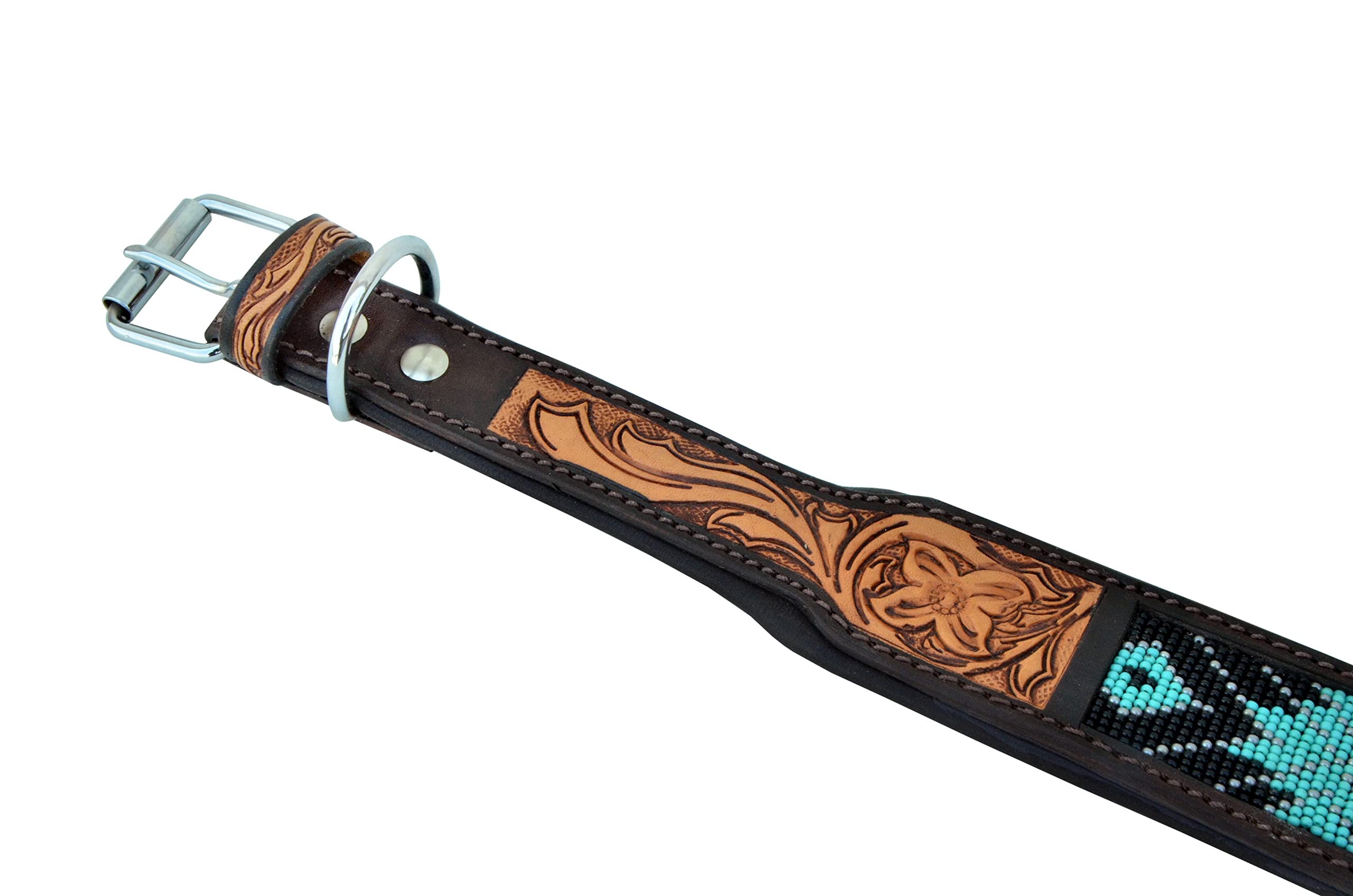Affilare Leder-Hundehalsband, Western-Stil, strapazierfähig, handgefertigt, verstellbar, mit Perlen und gepolstert, weich für Welpen und große Hunde, 10AB009, Silber, Braun