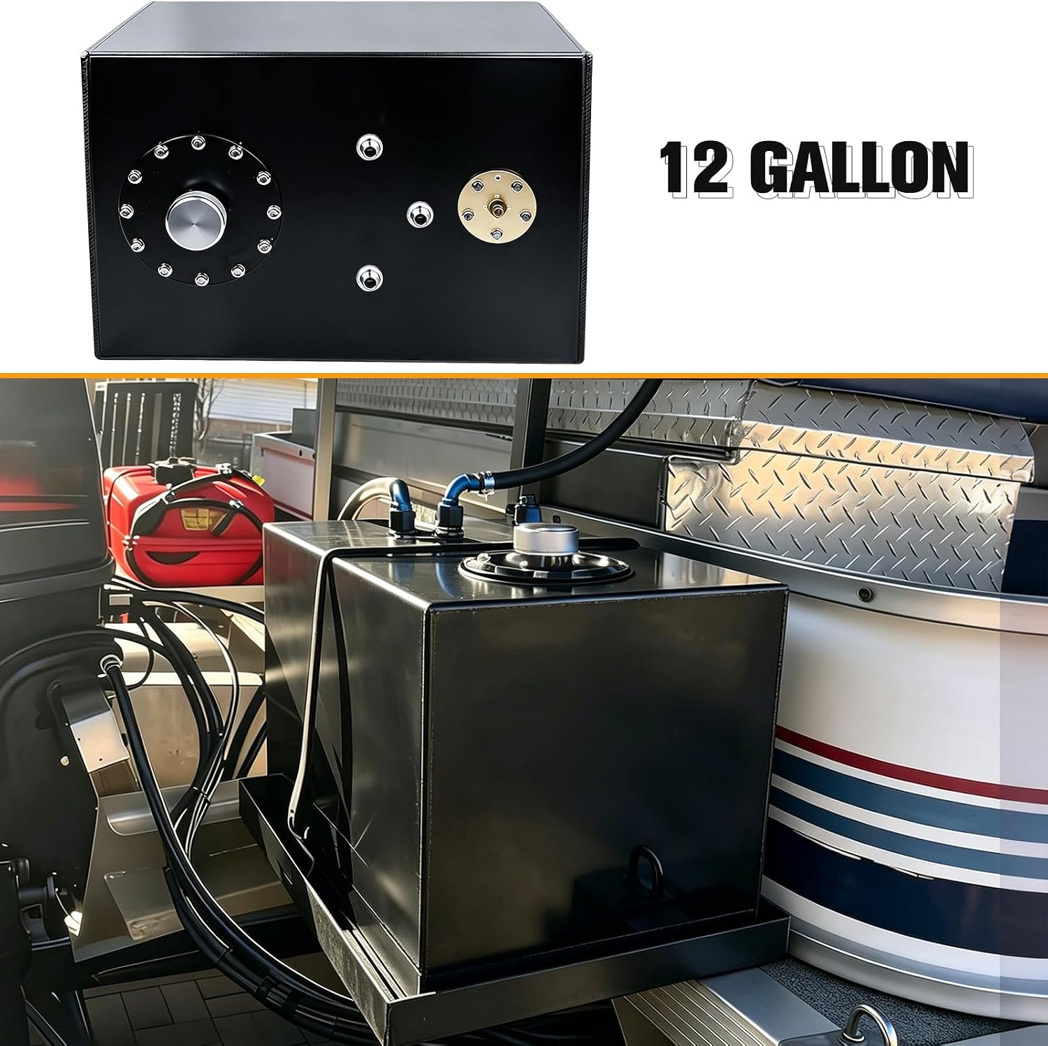 Universal 12 Gallon Fuel Cell Tank with Cap and Level Sender Polished Aluminum Black