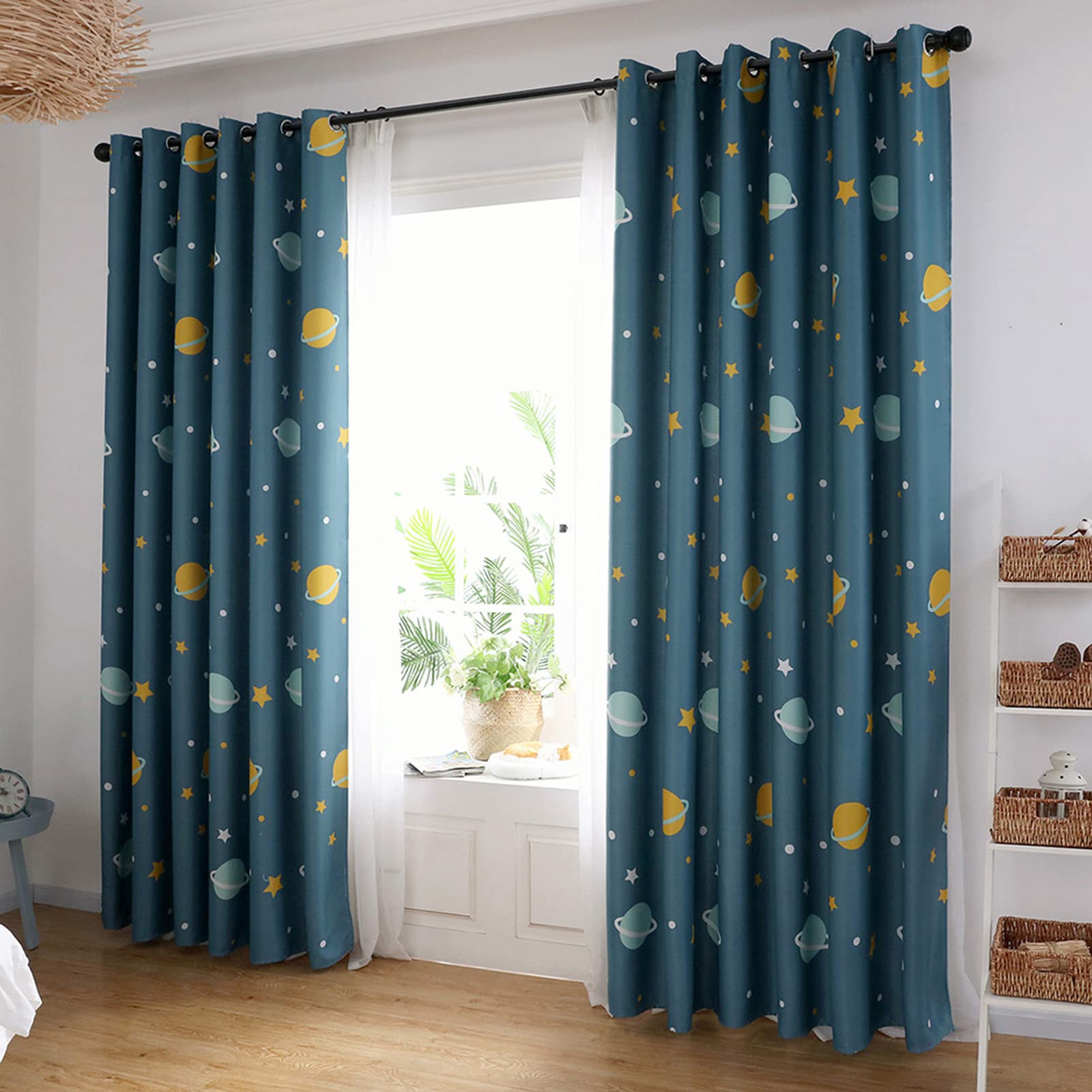 Riuulity Cortinas de Poliéster con Dibujos de Planetas Azules, Cortina a Prueba de Luz para Dormitorio, Sala de Estar, Universo Marino, Cortinas para Niños (1PC)