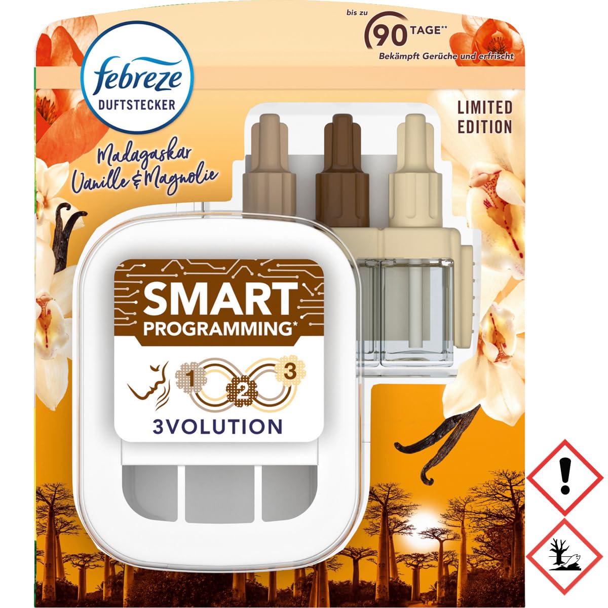 Febreze 3Volution - Ambientador (20 ml) Madagascar vainilla y magnolia, kit de iniciación con sistema automático de aroma fresco, 3 fragancias alternativas para eliminar los olores