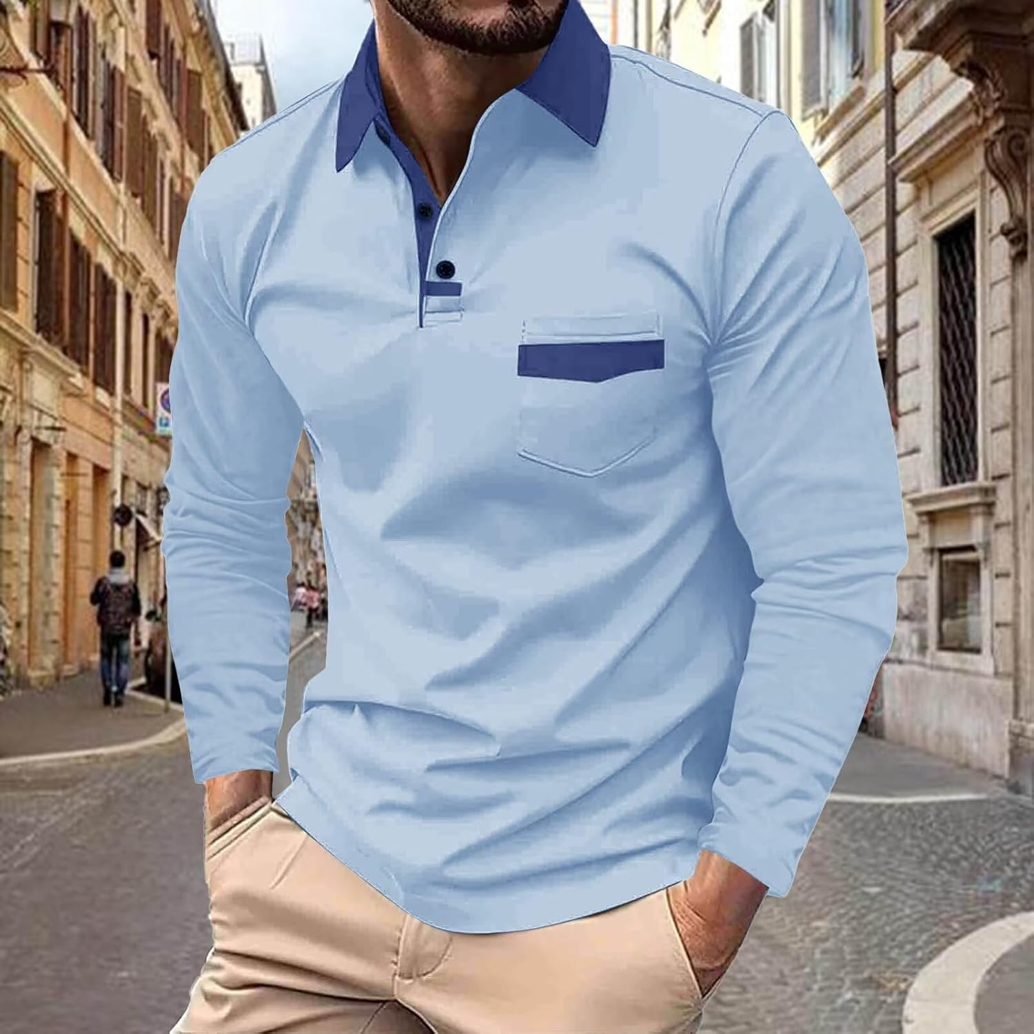 DEEX Men's Polo Shirts Long Sleeve Casual Fashion Polo Tee Shirts Color Block Slim Fit Golf Polo Shirt with Pocket - Image 2