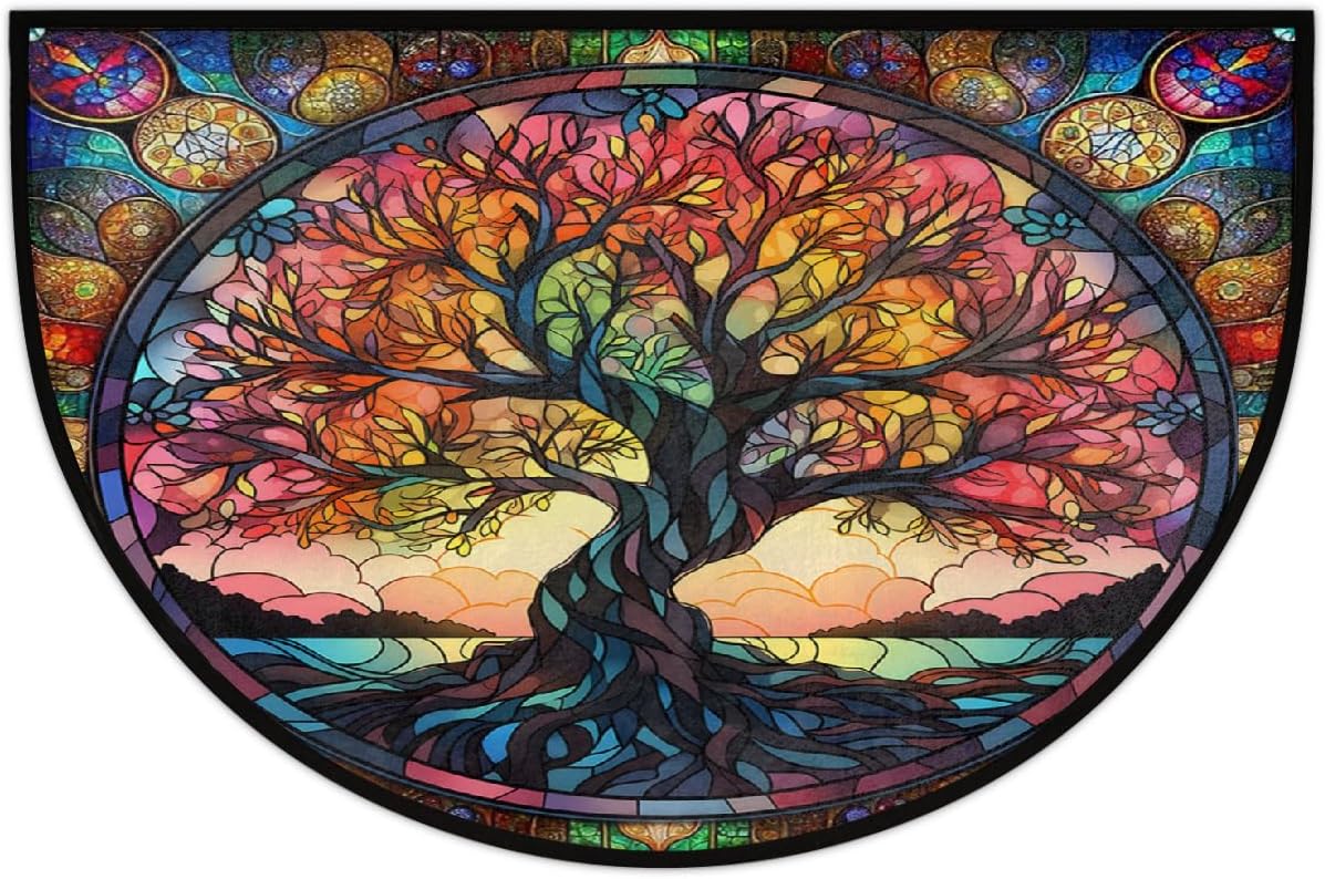 Half Round Door Mat Tree Of Life Color Glass Half Moon Rug Washable Tree Of Life Art Half Circle Area Rugs Indoor Entrance Non Slip Semi Circle Bathroom Rugs for Kithen Bedroom Fireplace Decor