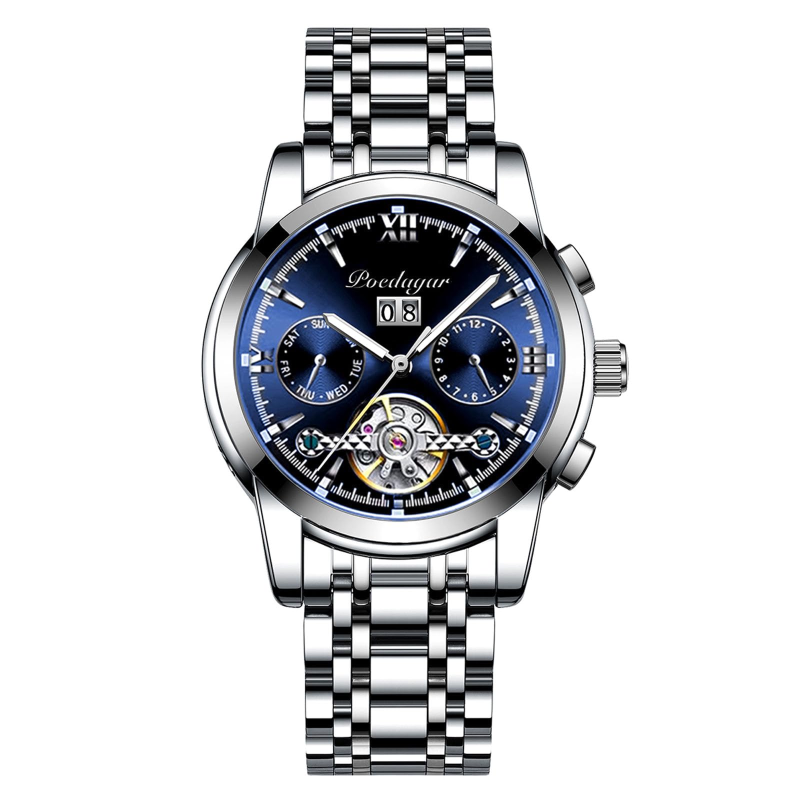 rorios Mode herenhorloges automatisch mechanisch horloge met roestvrijstalen armband oplichtend skelet polshorloge, goud, 200MM, Riemen