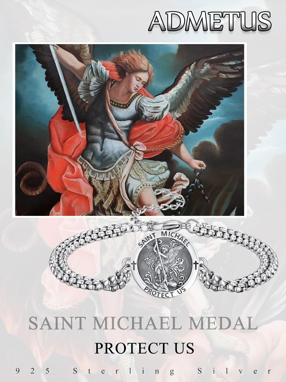 ADMETUS 925 Sterling Silver Patron Saint Bracelets | Amulet Protection Jewelry for Men with Double 7"+2" Rolo Chain - Image 6