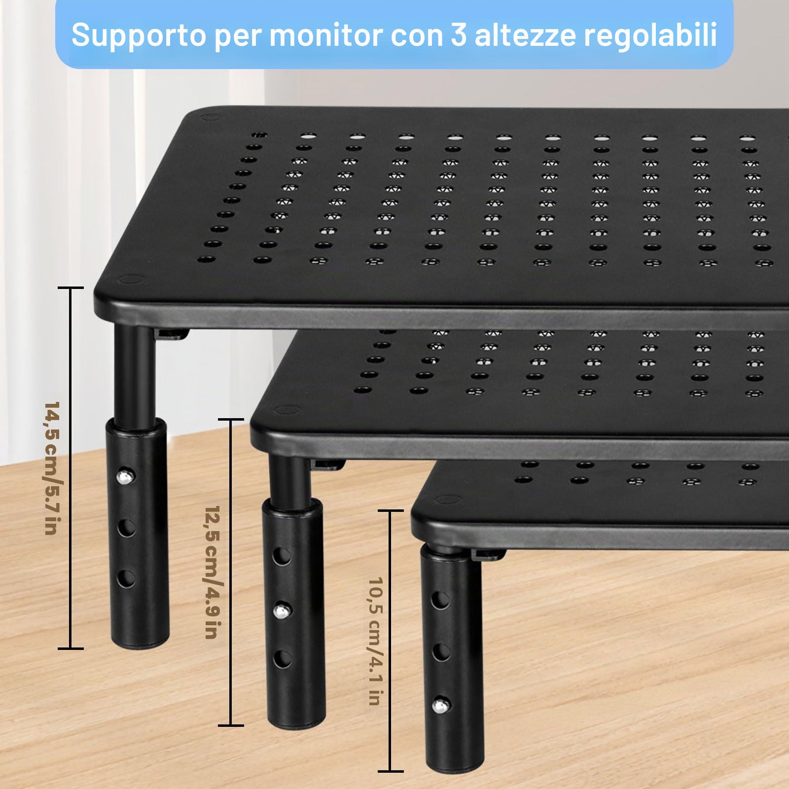 seOSTO Supporto per monitor con cassetto, supporto per monitor, 3 altezze regolabili con organizer, rialzo per monitor in metallo per laptop, computer, PC, stampante