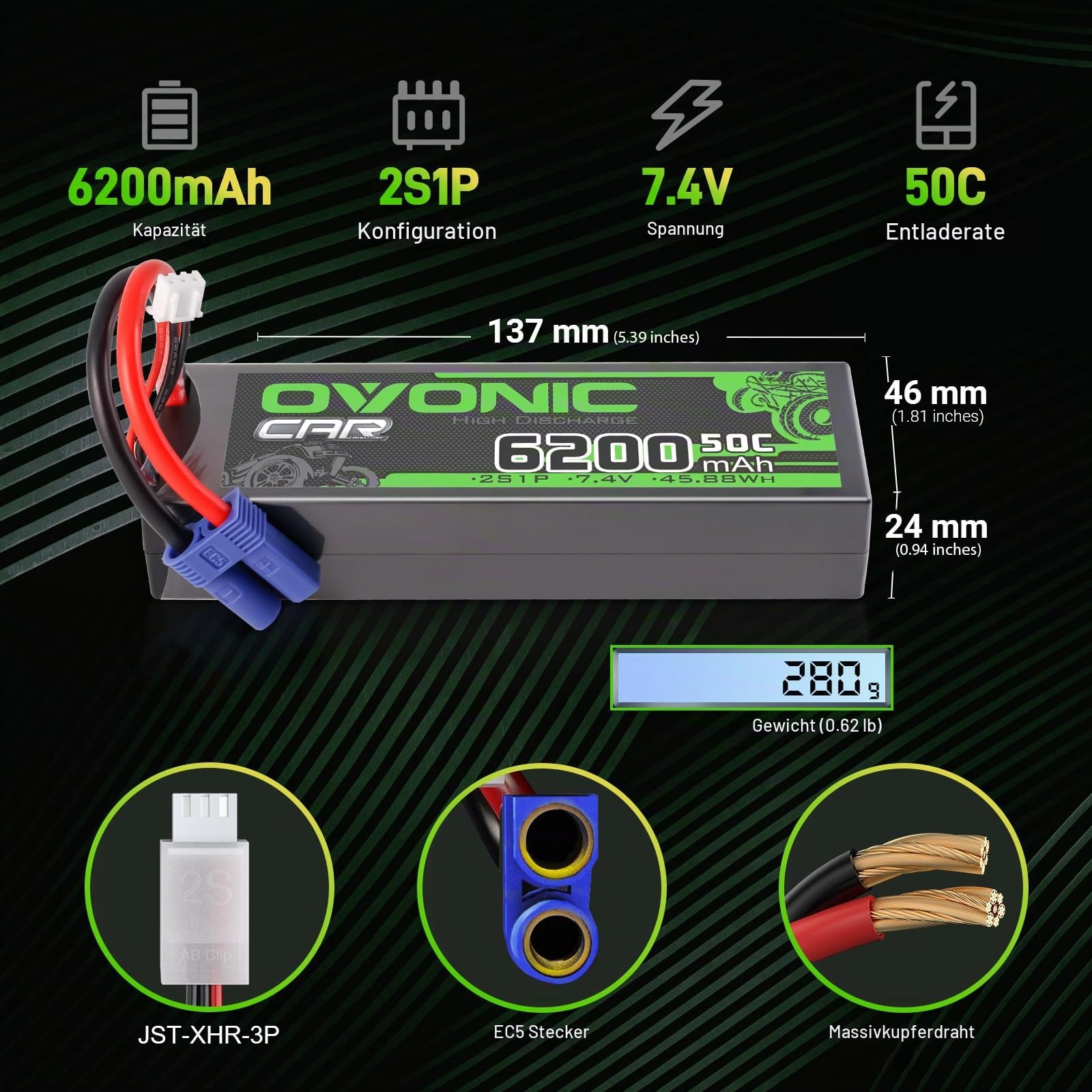 OVONIC 2SLipo Akku 6200mAh 7.4V 50C mit EC5 Stecker Hardcase für RC Auto Evader Truck Truggy BX Quadcopter Hubschrauber LKW Boot Flugzeug (2 Stück)