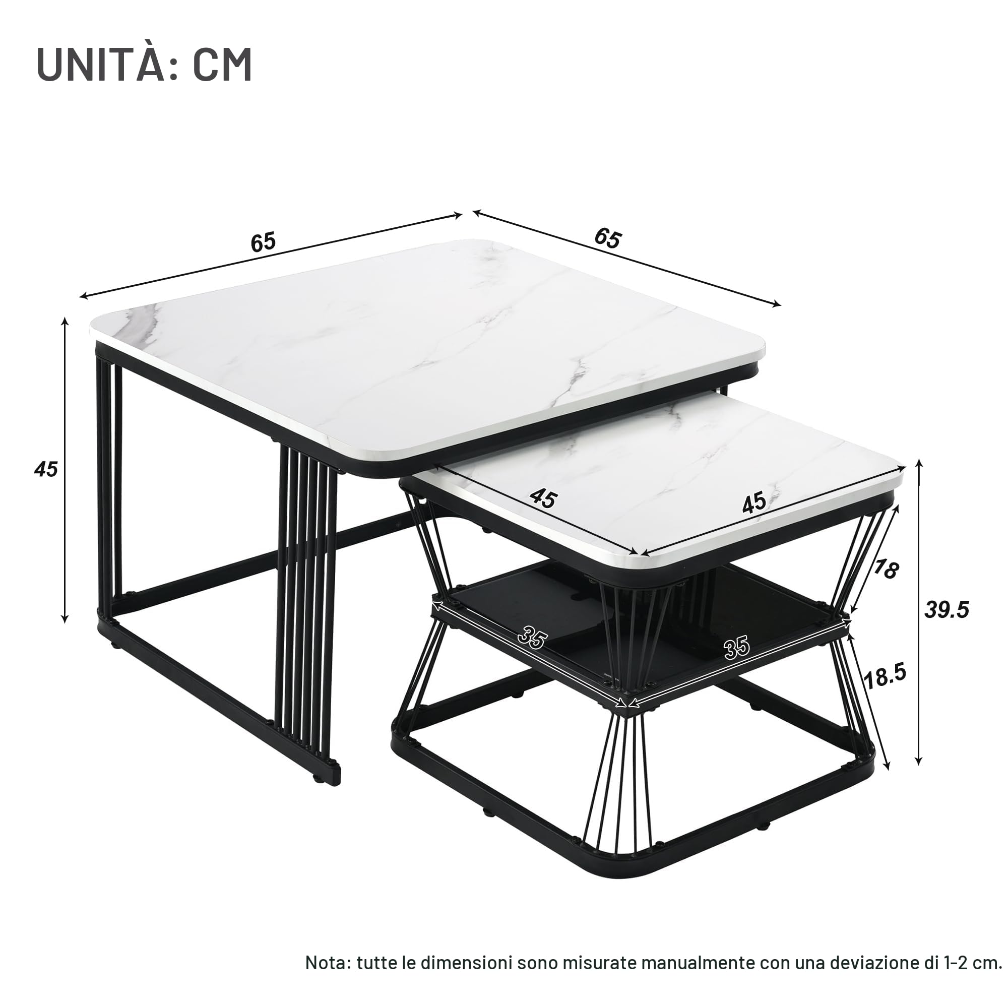 Merax Set di 2 Tavolini da Salotto, Alta lucentezza, per Soggiorno, Balcone e Ufficio, Struttura in Metallo, Bianco e Nero