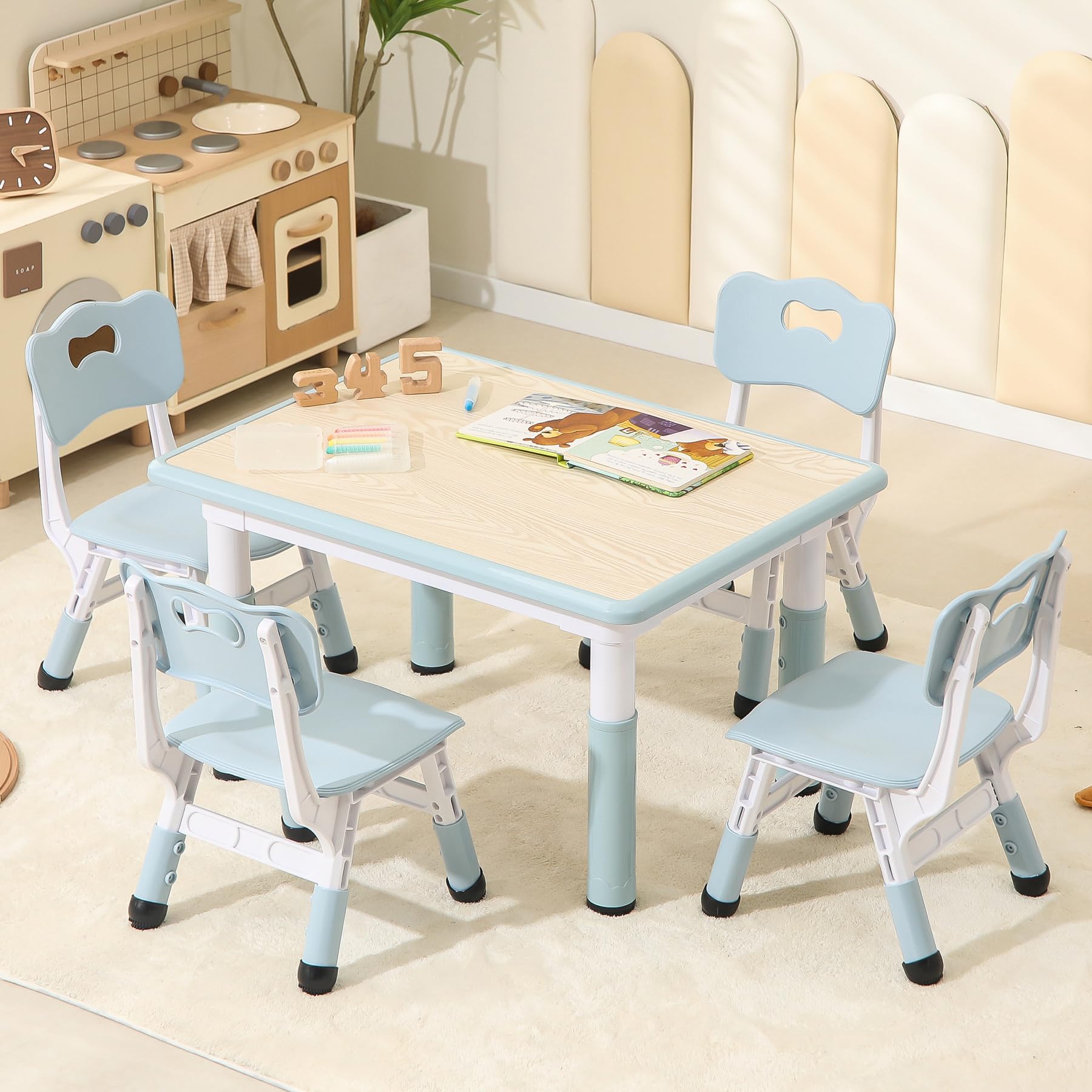 Hulaibit Toddler Table and Chairs, Kids Table and 4 Chairs Set with Graffiti Desktop, Height-Adjustable Kids Study Table for Boys and Girls Aged 3-8,