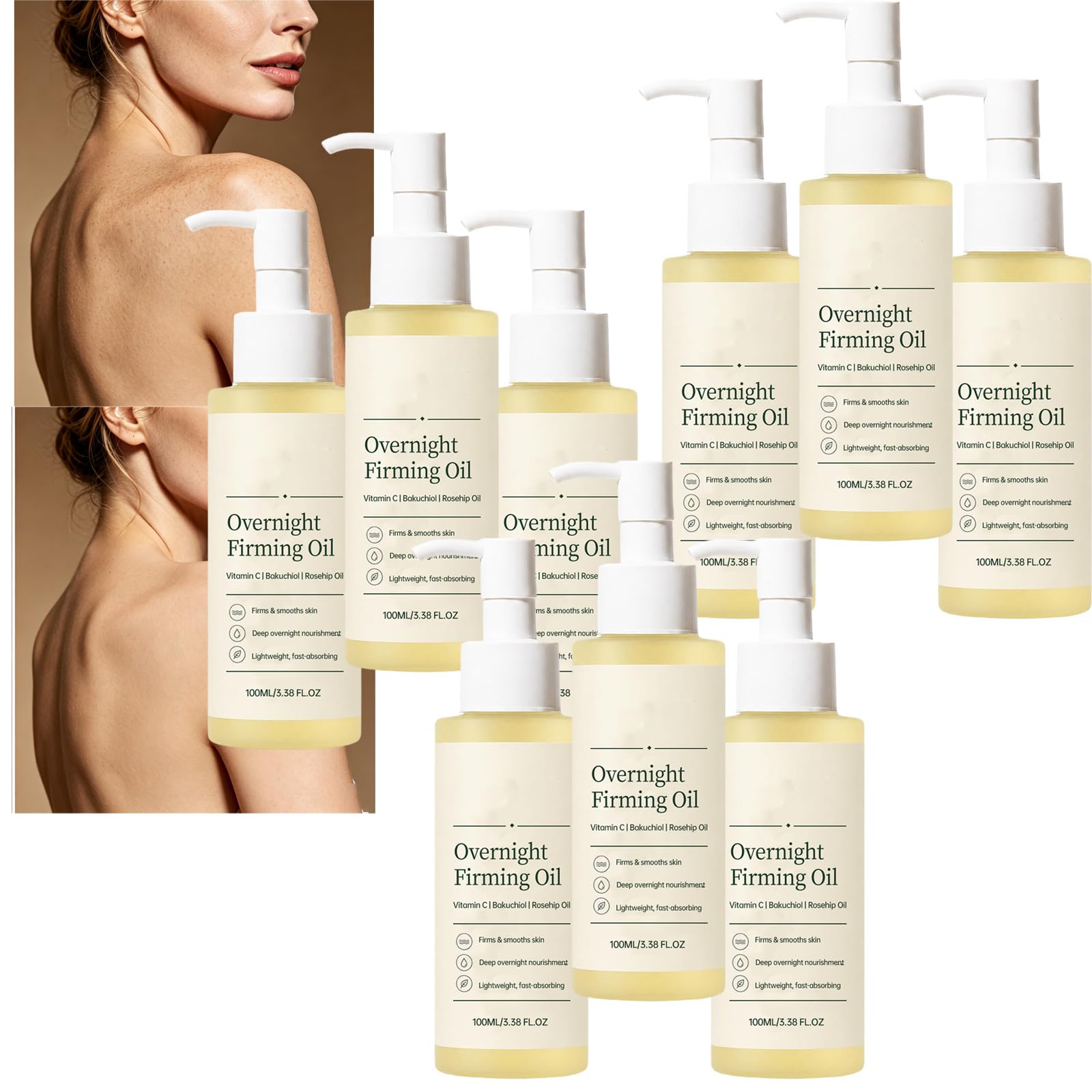 Overnight Firming Face Oil für Frauen, feuchtigkeitsspendende Gesichtsflüssigkeit für trockene Haut, Teint-Elixier feuchtigkeitsspendend, Vitamin C Bakuchiol und Hagebuttenöl, Night Time (9PCS)