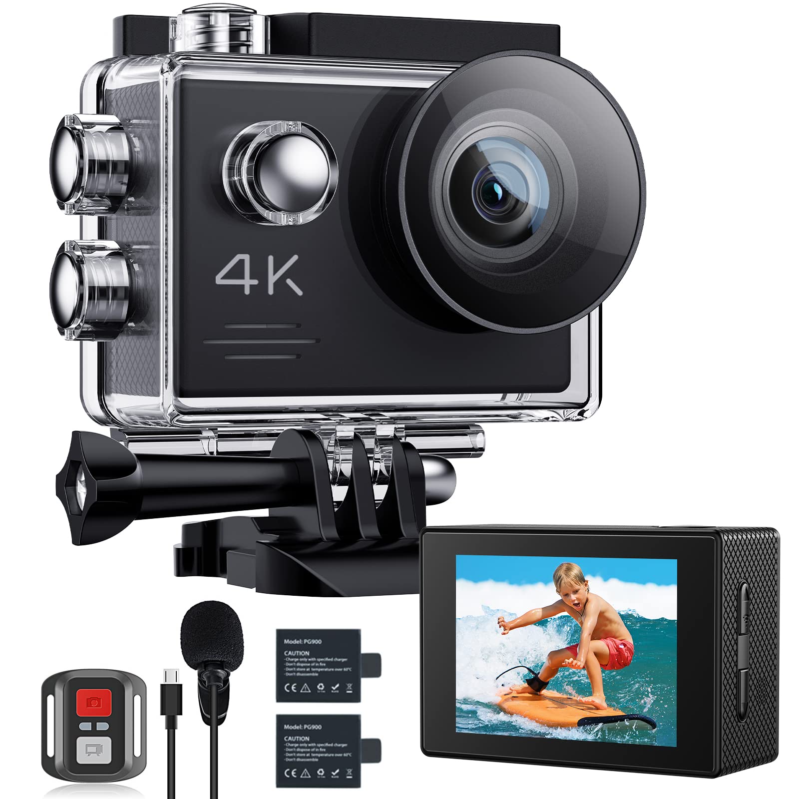 4K 20MP Action Cam, WiFi Underwater Cameras with EIS External Microphone Remote Control 170° Wide Angle Waterproof Camera with 2 Batteries and Mounting Accessories Kit